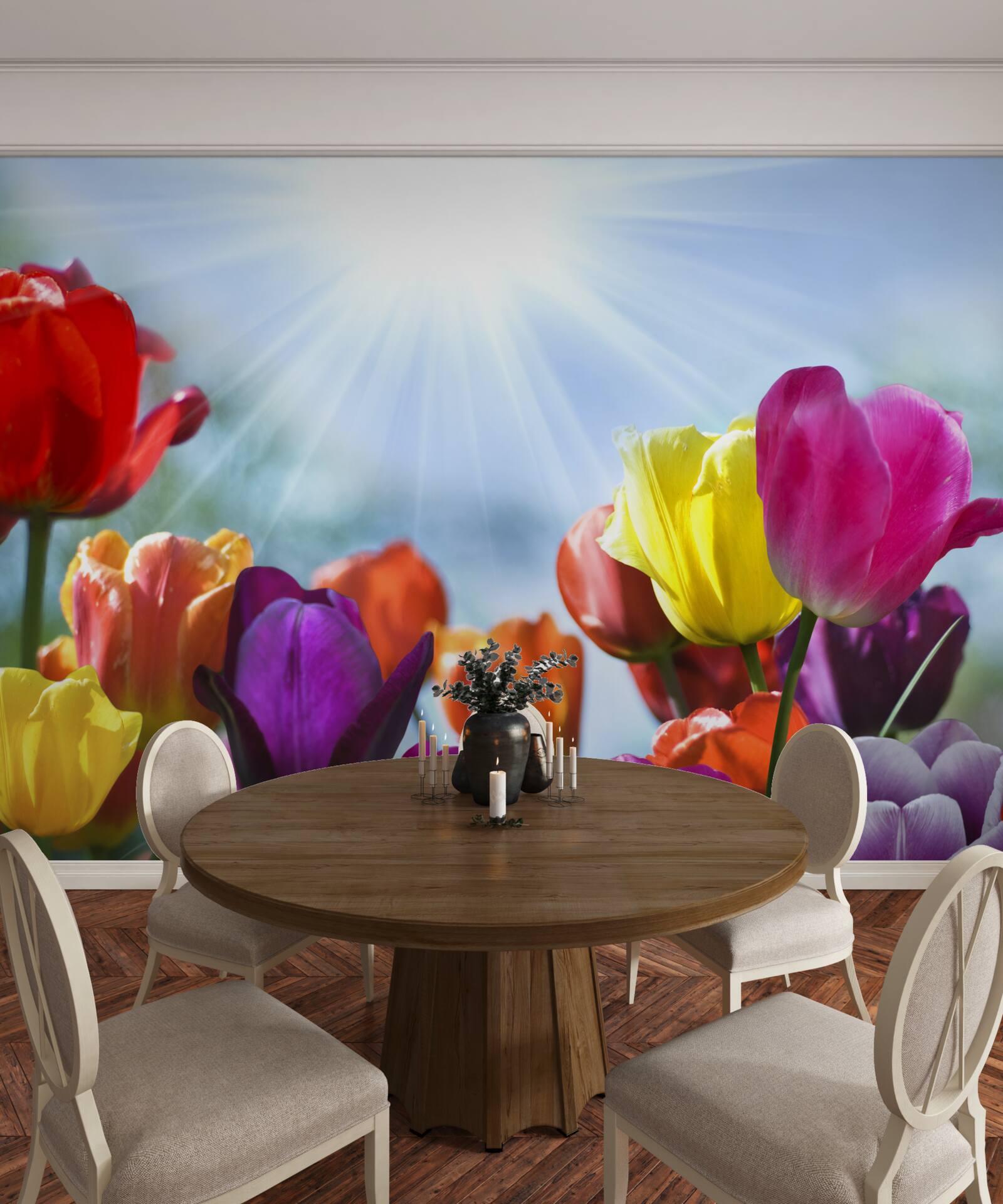 Fotobehang tulpen in verschillende kleuren in de zon