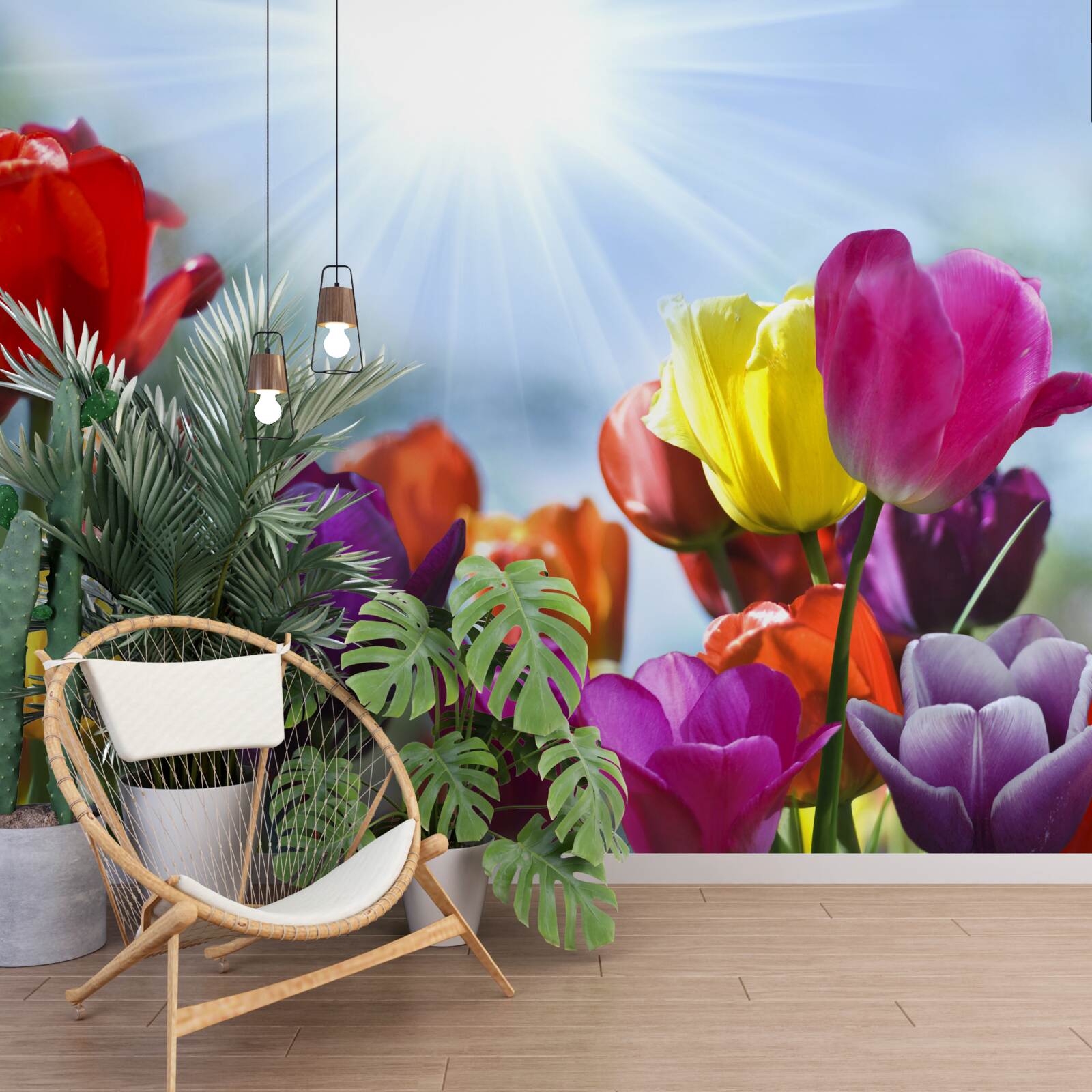 Fotobehang tulpen in verschillende kleuren in de zon