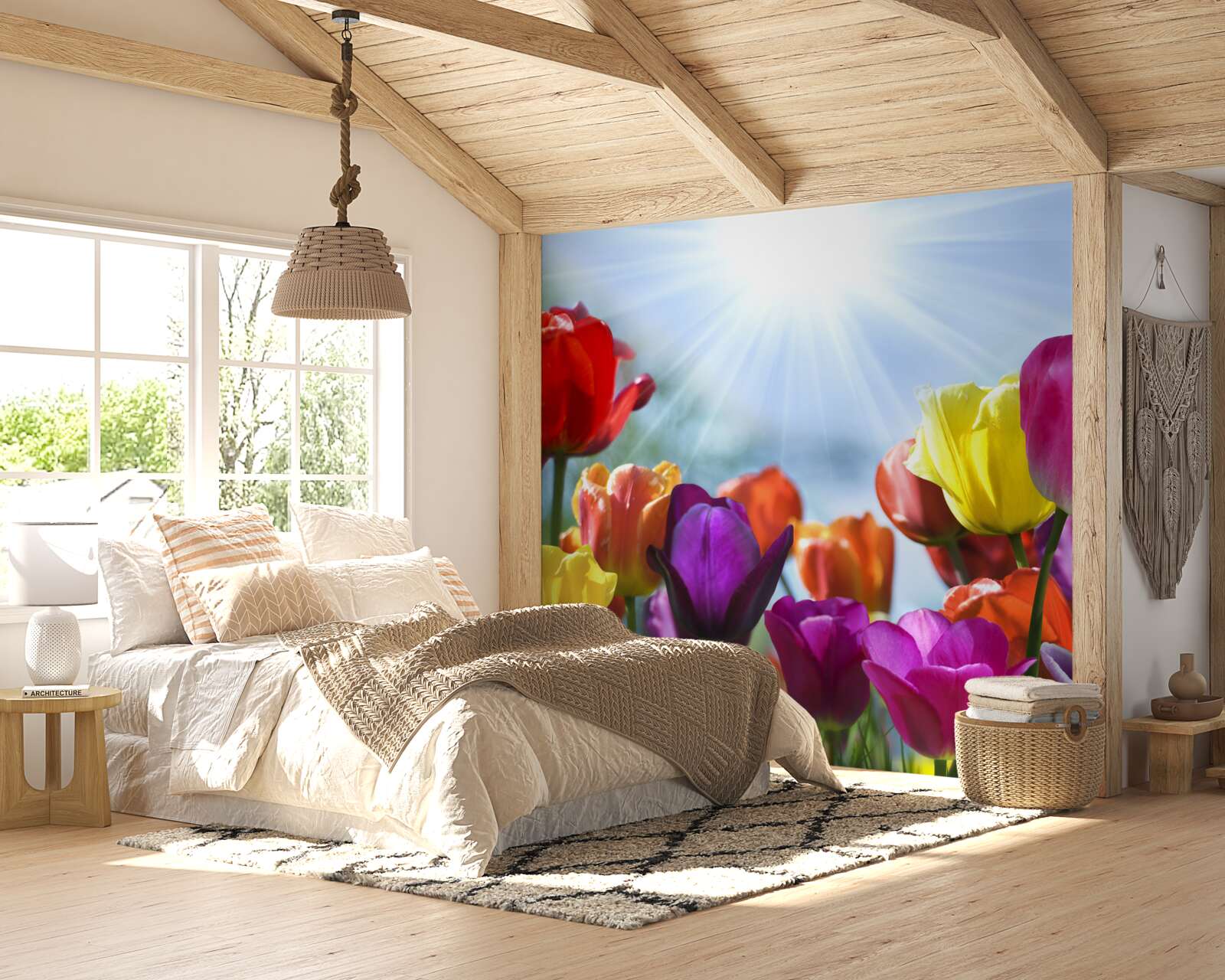 Fotobehang tulpen in verschillende kleuren in de zon