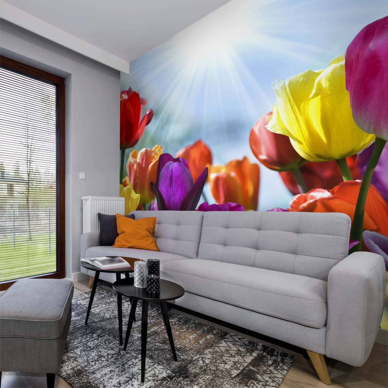 Fotobehang tulpen in verschillende kleuren in de zon