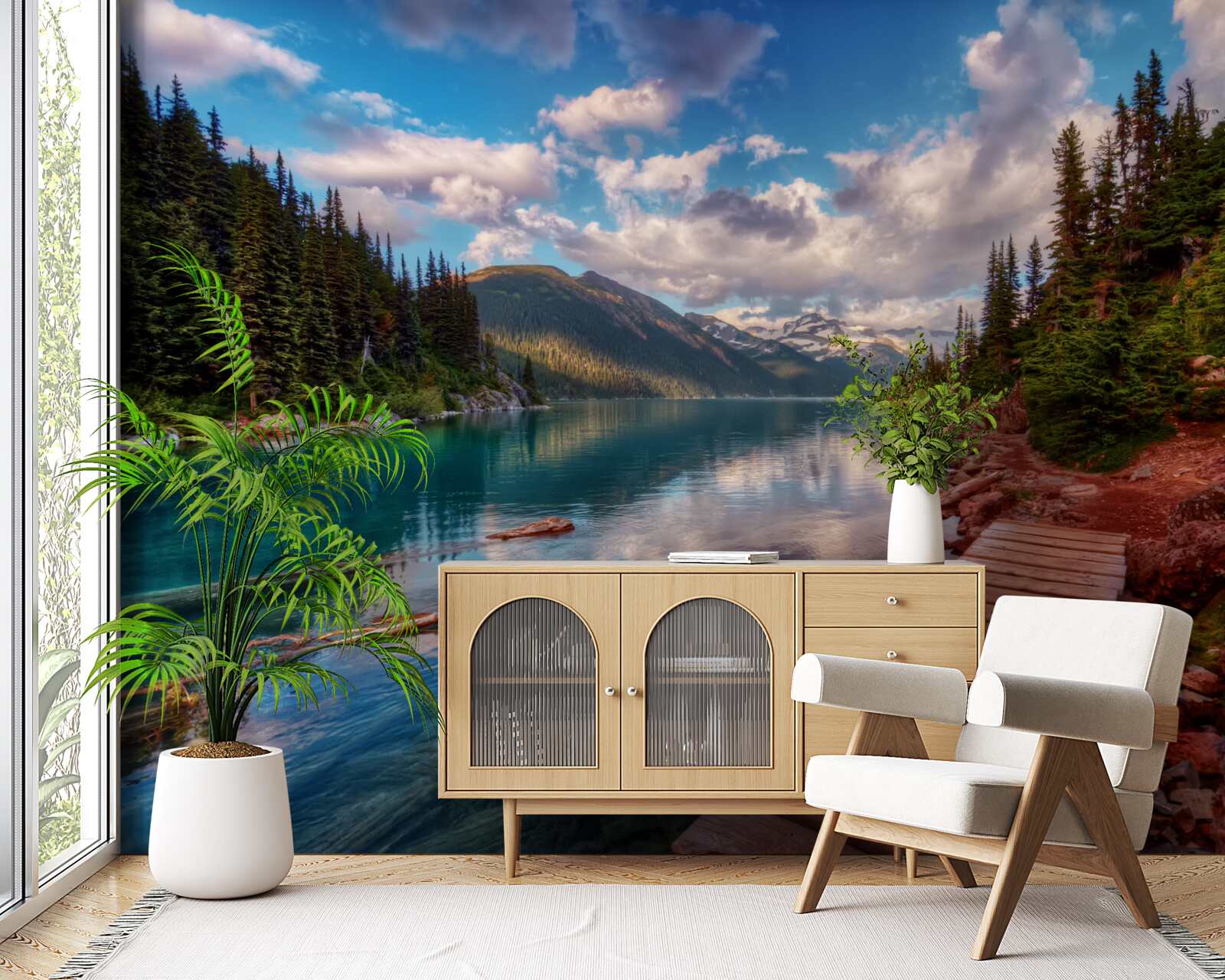 Fotobehang een brug in het bos bij een bergreservoir