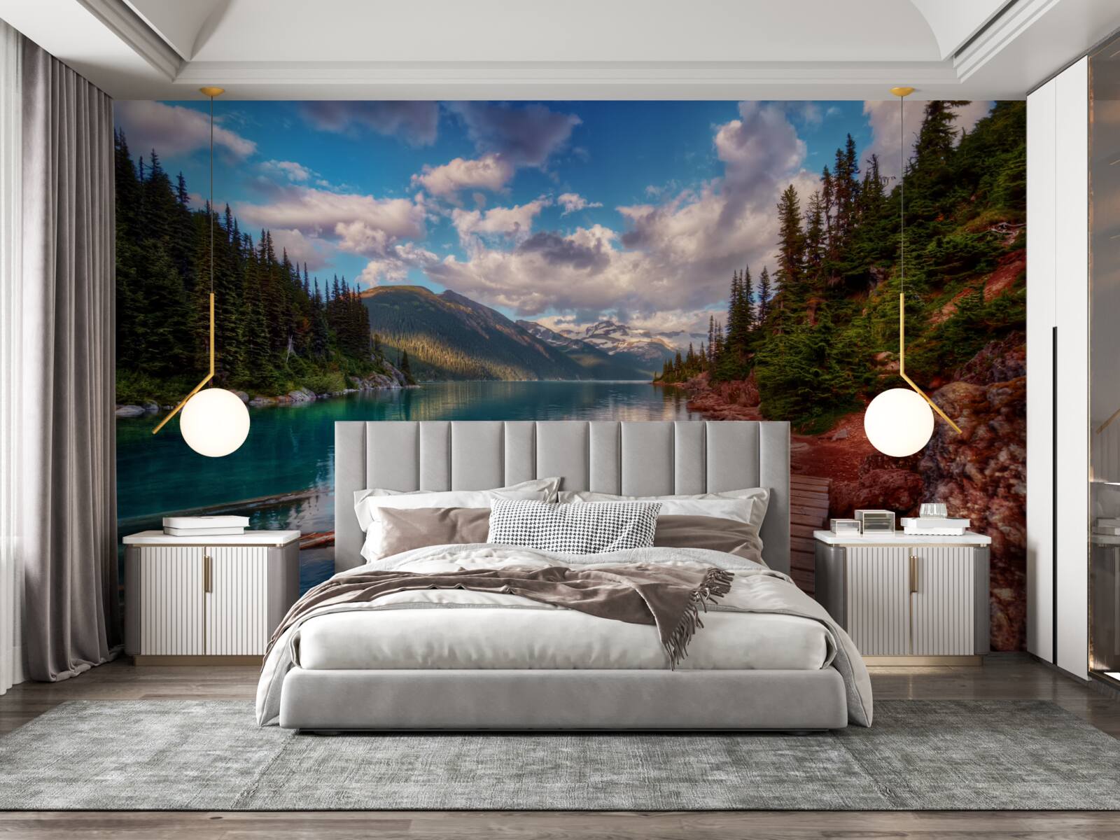 Fotobehang een brug in het bos bij een bergreservoir