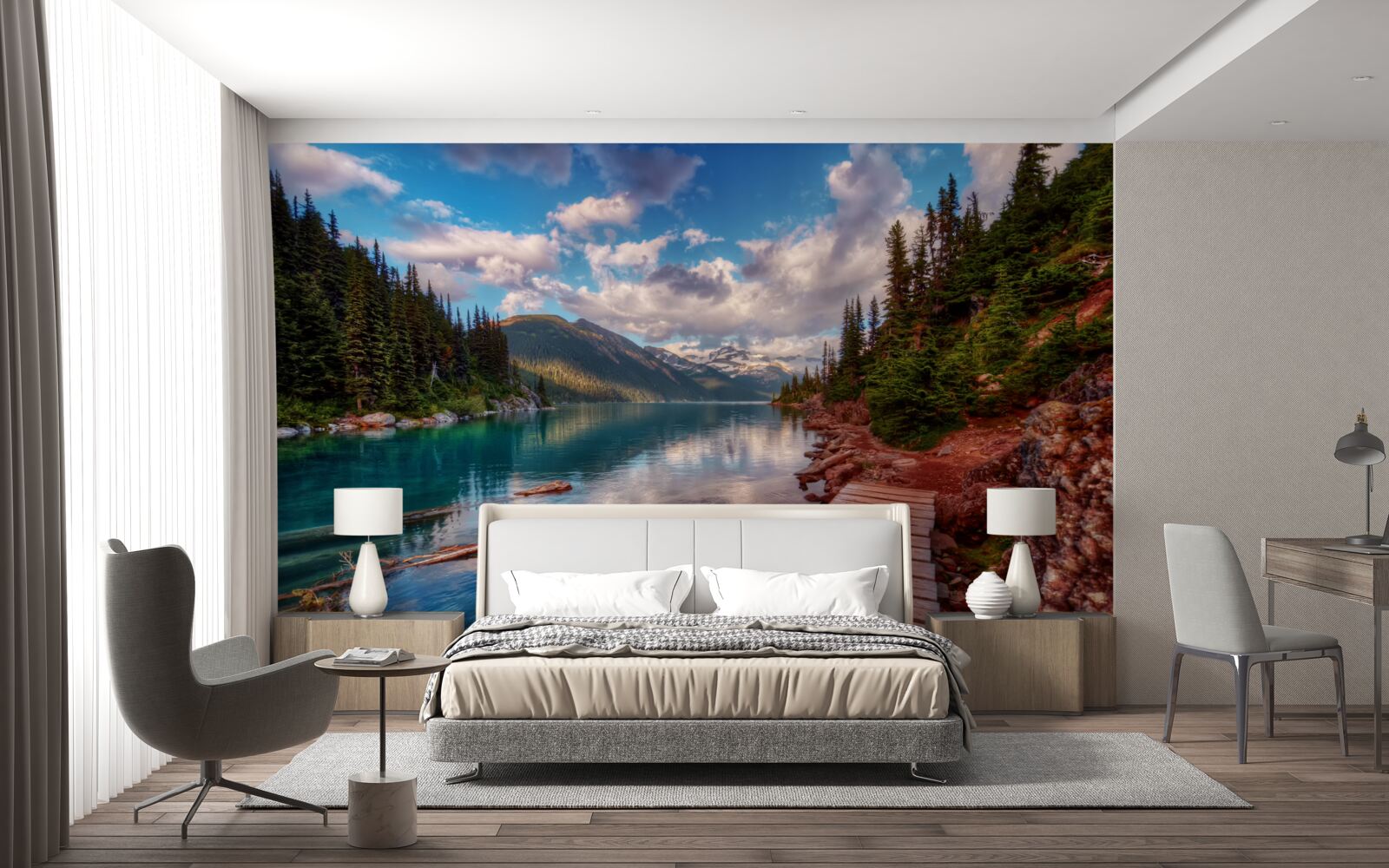 Fotobehang een brug in het bos bij een bergreservoir