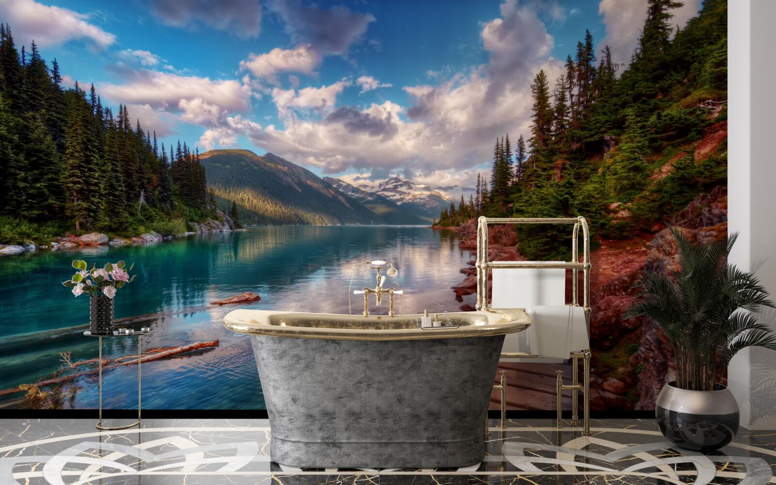 Fotobehang een brug in het bos bij een bergreservoir