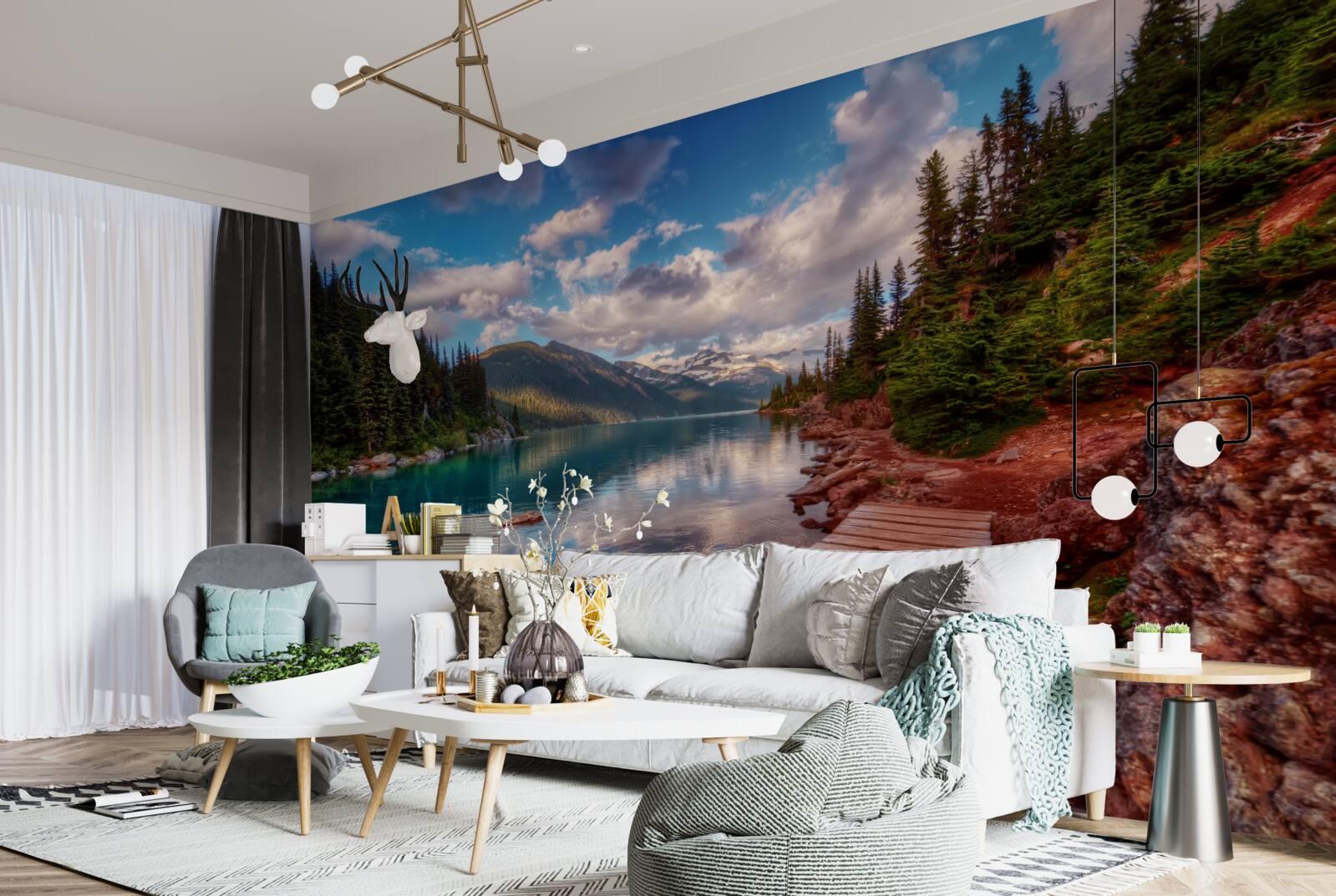 Fotobehang een brug in het bos bij een bergreservoir