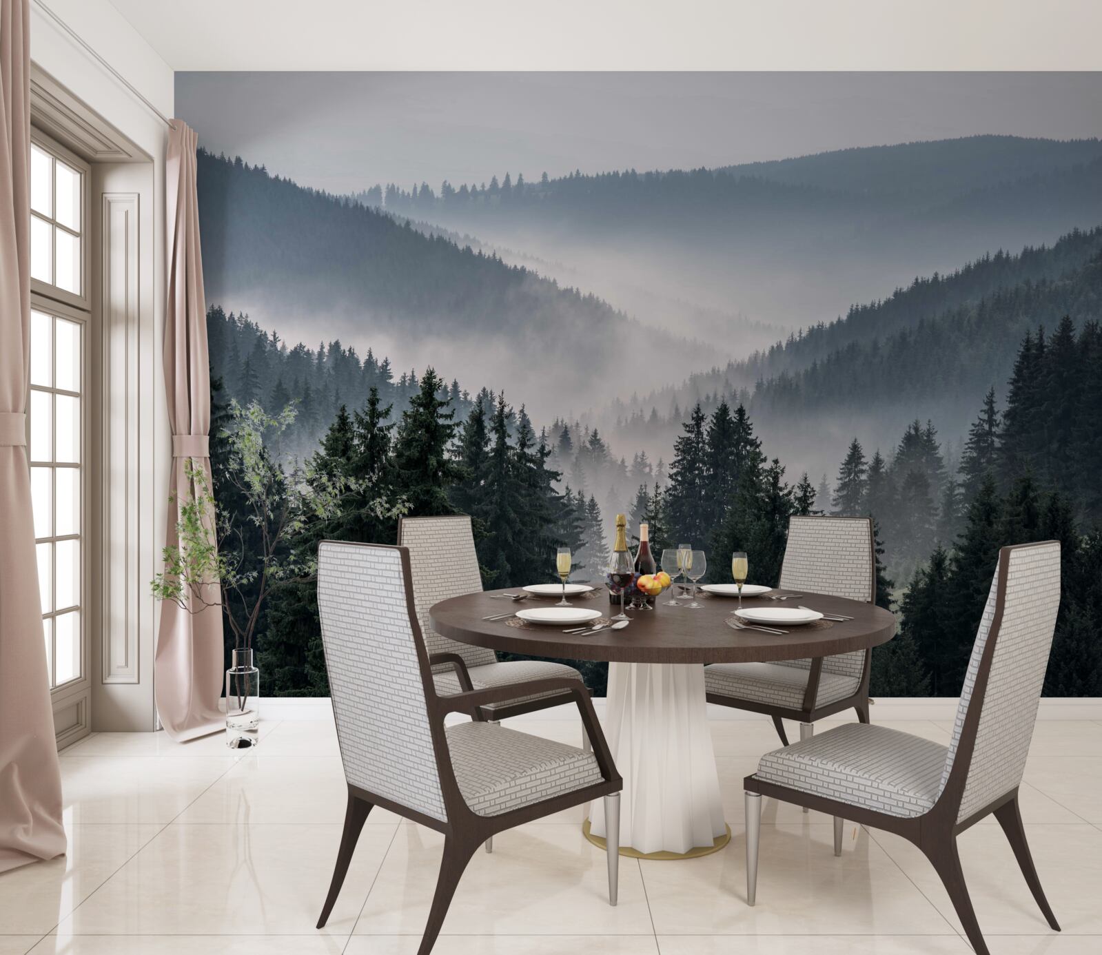 Fotobehang naaldbos in de bergen gaat schuil onder dichte mist