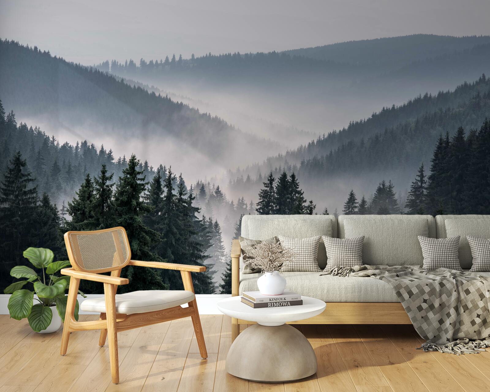 Fotobehang naaldbos in de bergen gaat schuil onder dichte mist