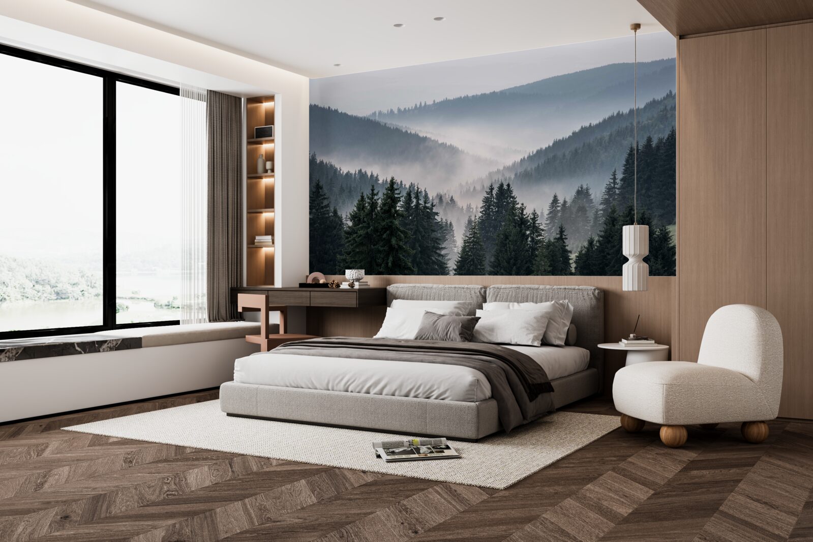 Fotobehang naaldbos in de bergen gaat schuil onder dichte mist