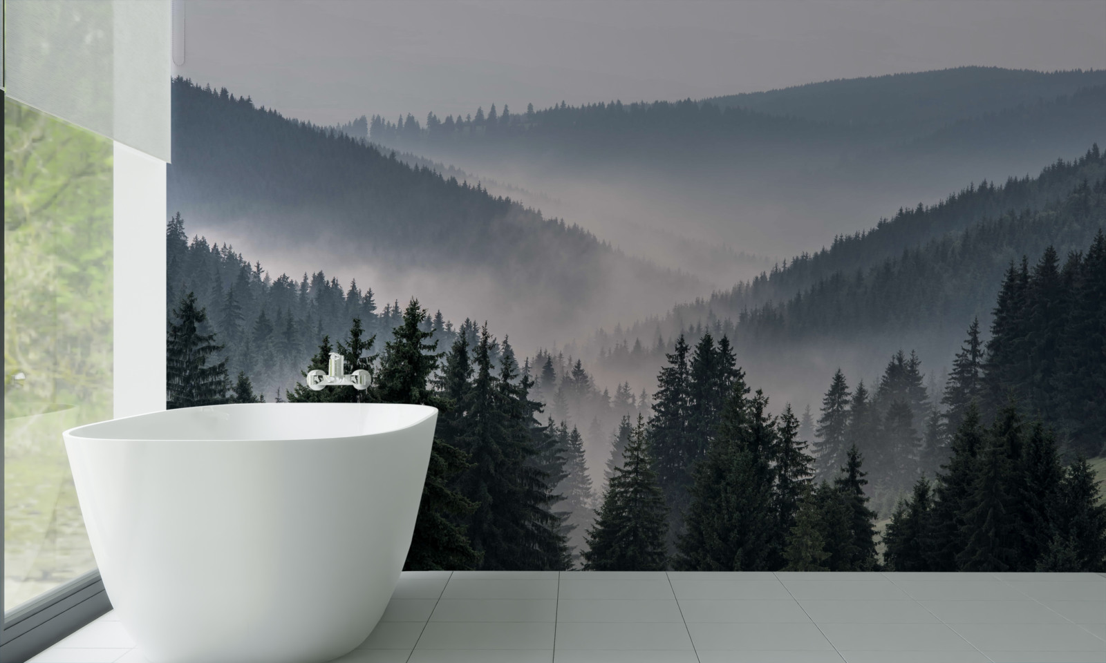 Fotobehang naaldbos in de bergen gaat schuil onder dichte mist