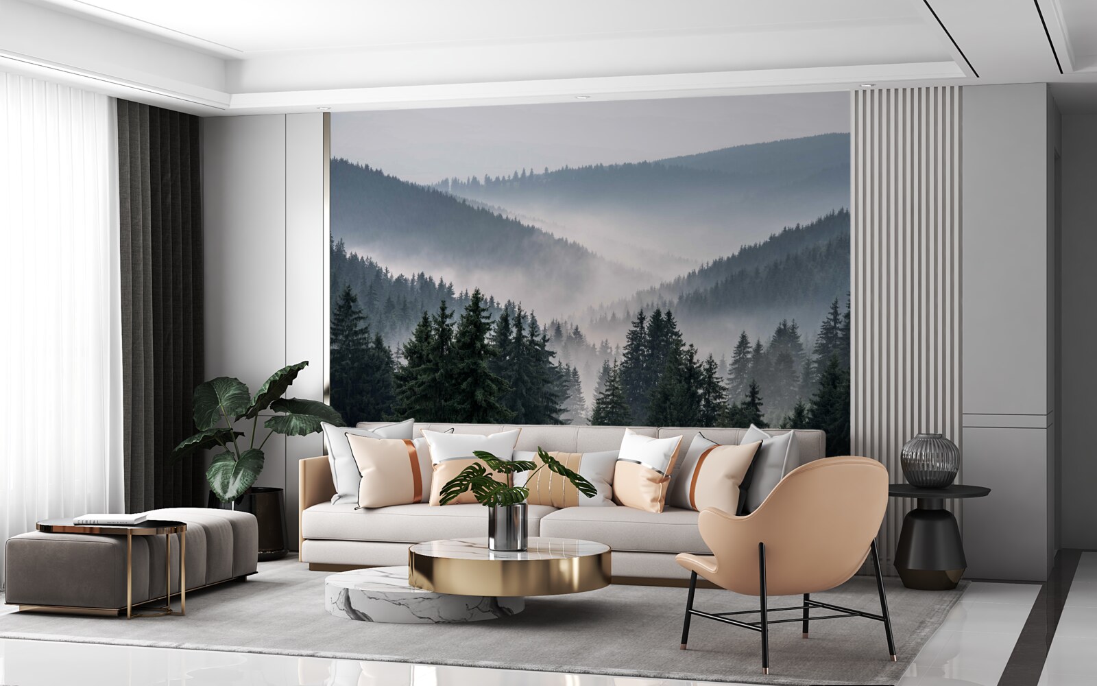 Fotobehang naaldbos in de bergen gaat schuil onder dichte mist