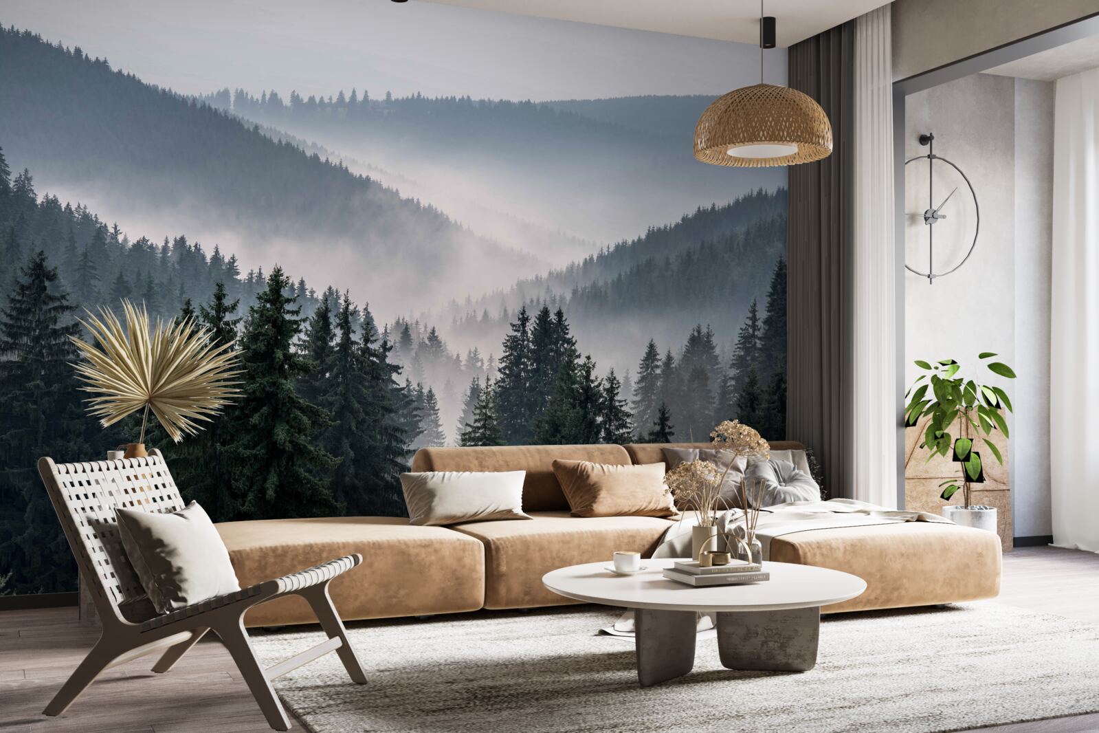 Fotobehang naaldbos in de bergen gaat schuil onder dichte mist