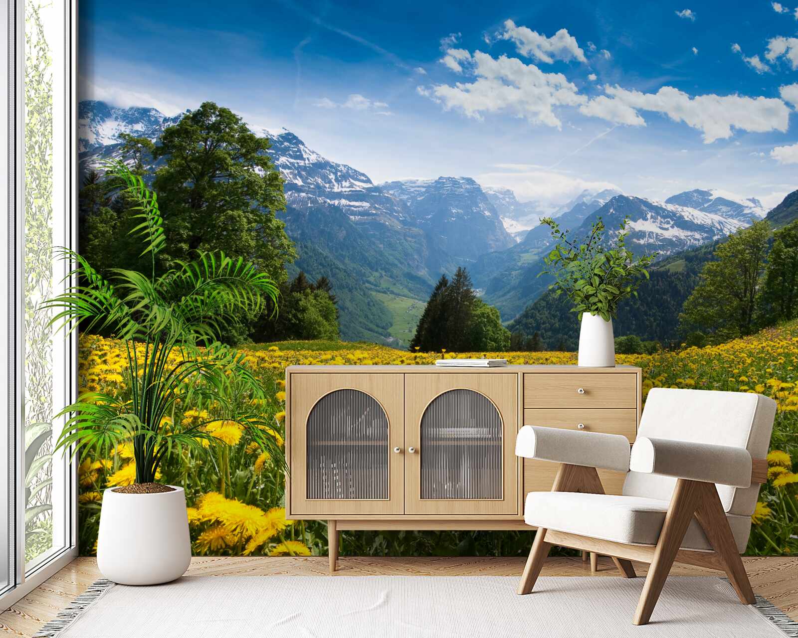 Fotobehang berglandschap met een veld klaprozen versierd met gele paardenbloemen