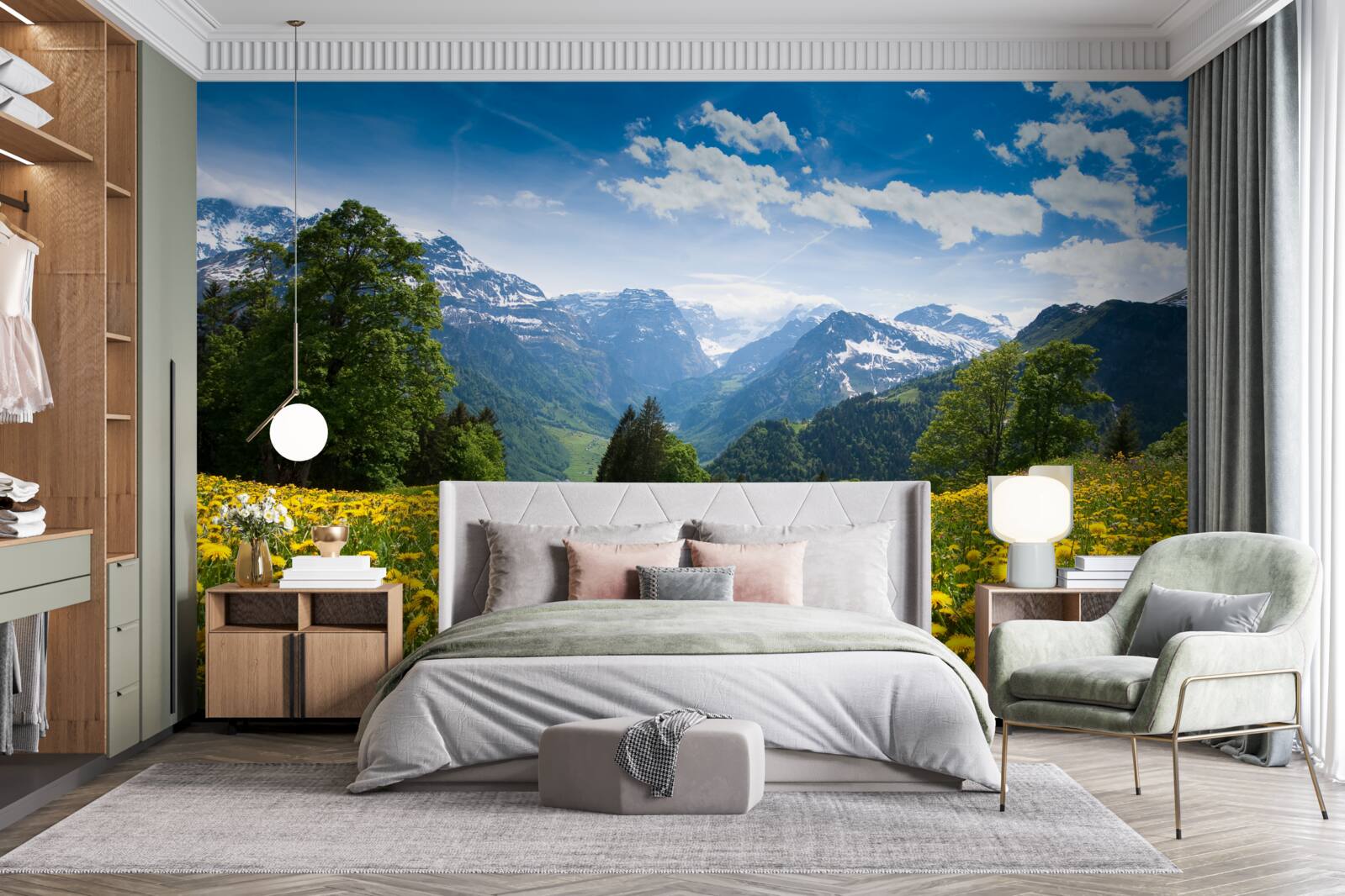 Fotobehang berglandschap met een veld klaprozen versierd met gele paardenbloemen