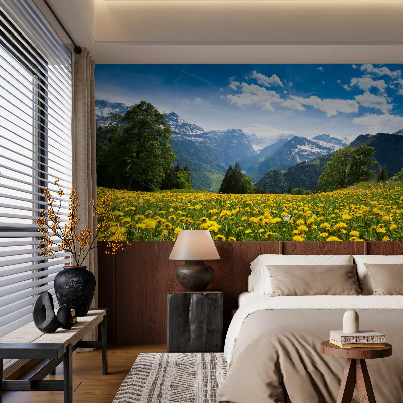 Fotobehang berglandschap met een veld klaprozen versierd met gele paardenbloemen