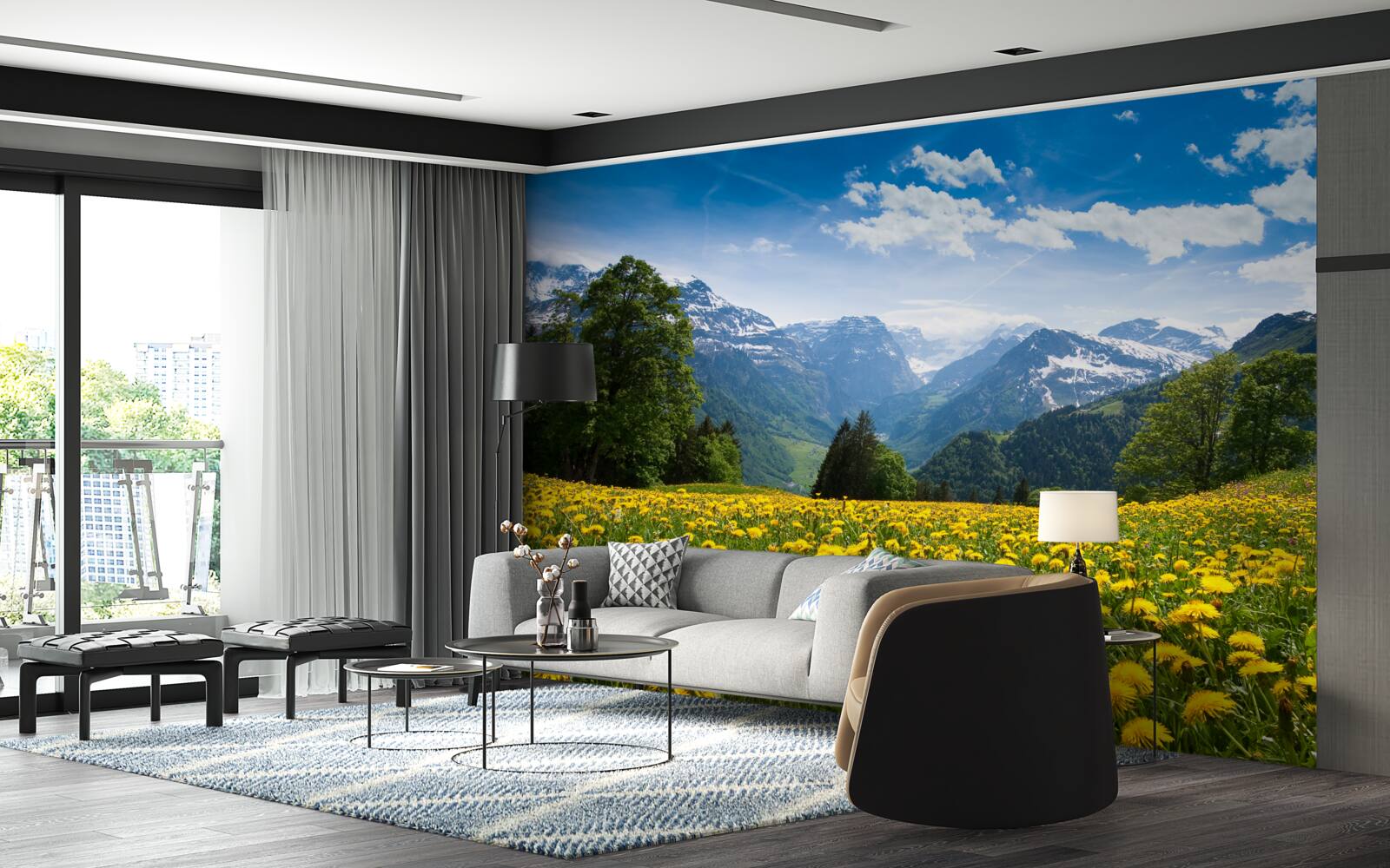 Fotobehang berglandschap met een veld klaprozen versierd met gele paardenbloemen