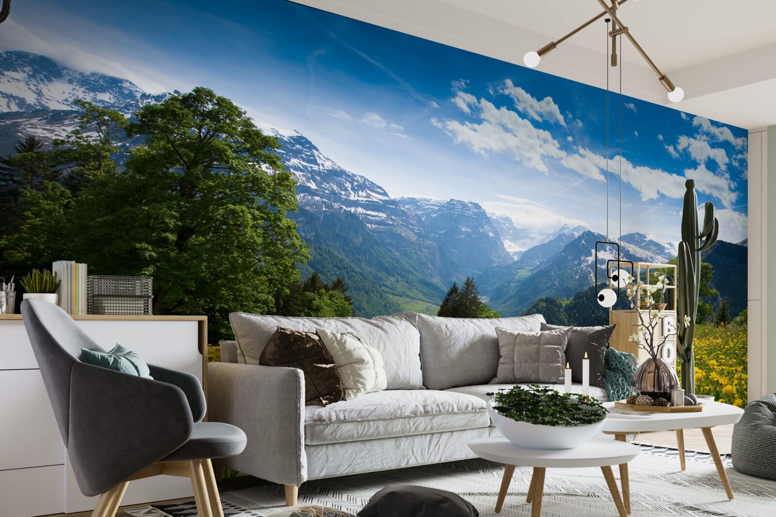 Fotobehang berglandschap met een veld klaprozen versierd met gele paardenbloemen