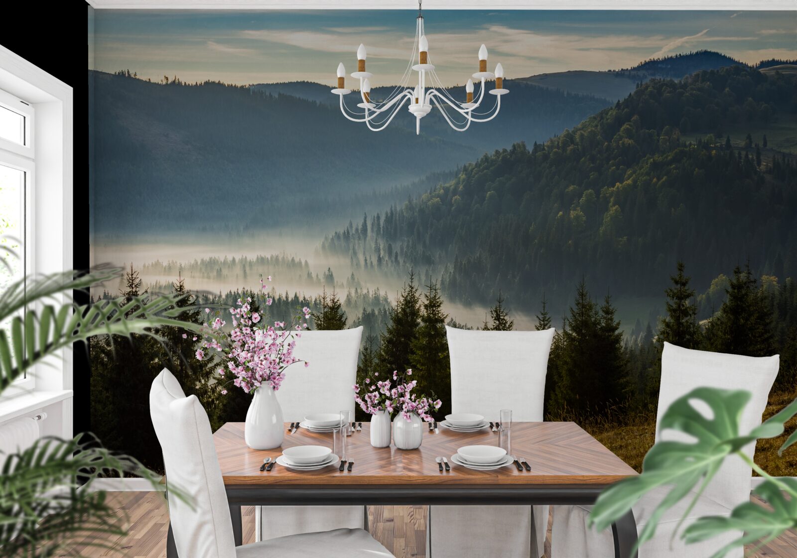 Fotobehang het dichte herfstbos is gehuld in dikkere mist