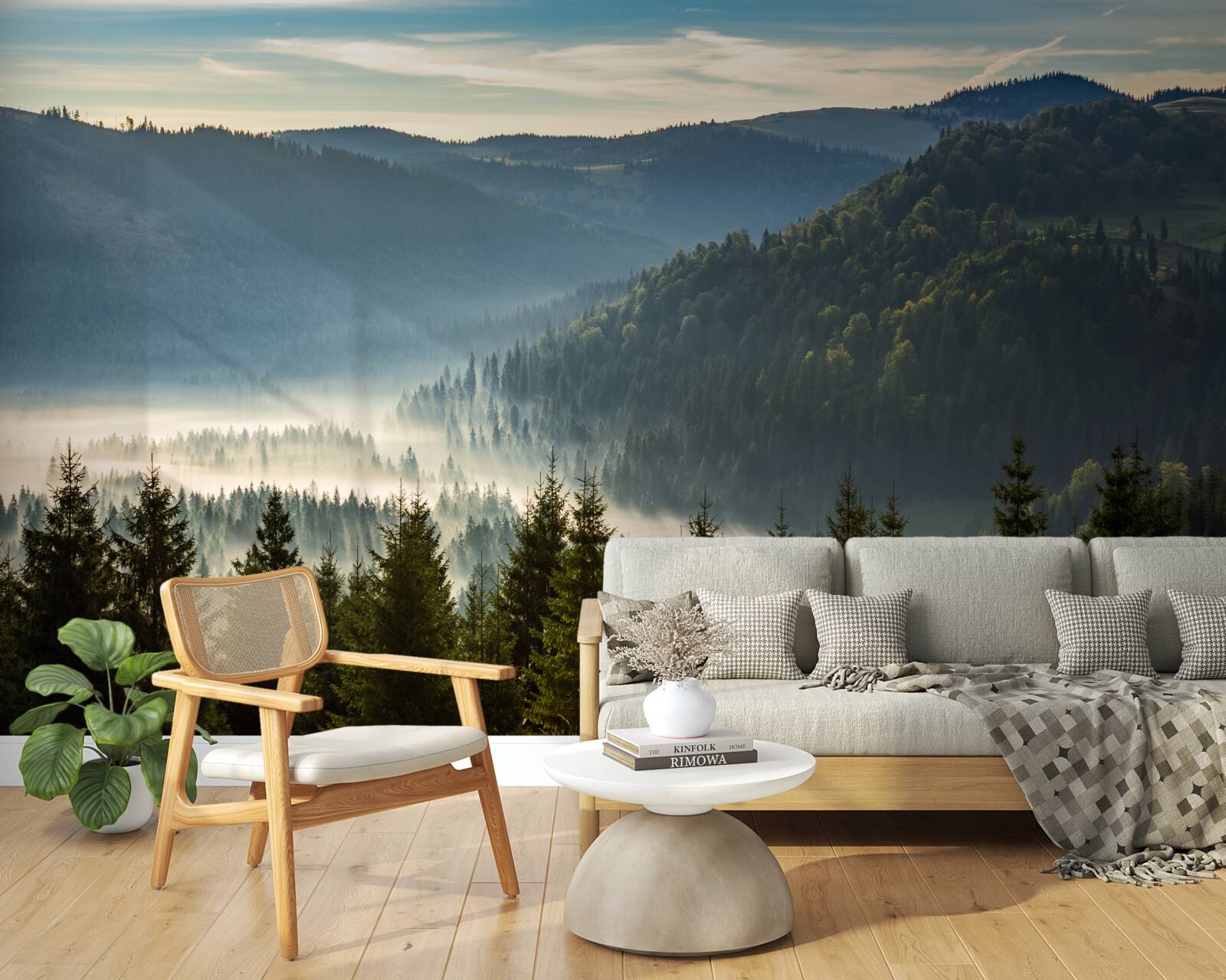 Fotobehang het dichte herfstbos is gehuld in dikkere mist