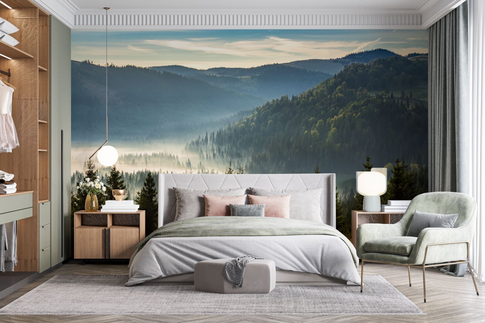 Fotobehang het dichte herfstbos is gehuld in dikkere mist