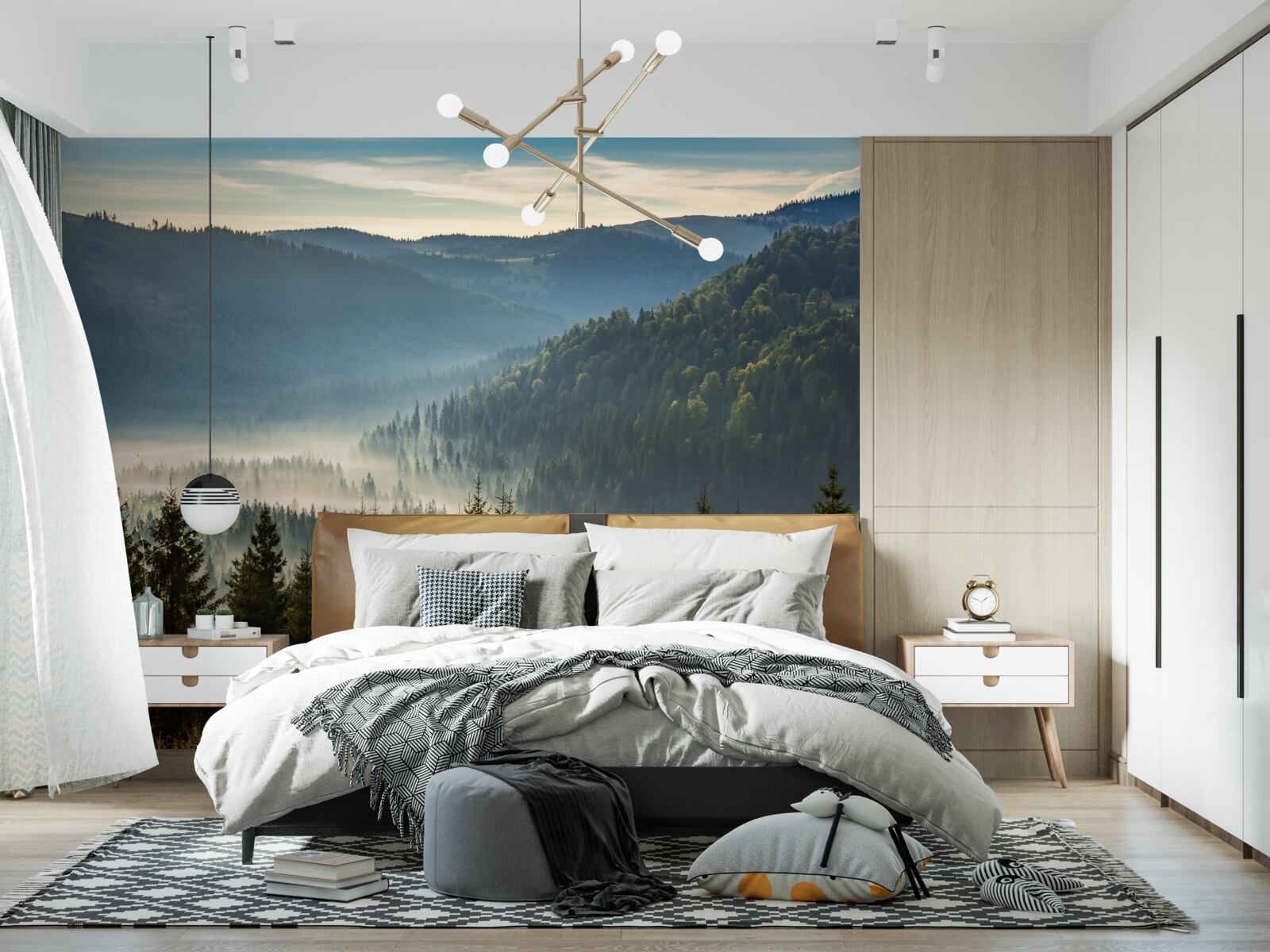 Fotobehang het dichte herfstbos is gehuld in dikkere mist