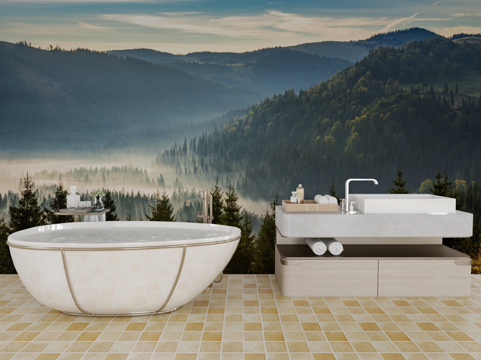 Fotobehang het dichte herfstbos is gehuld in dikkere mist