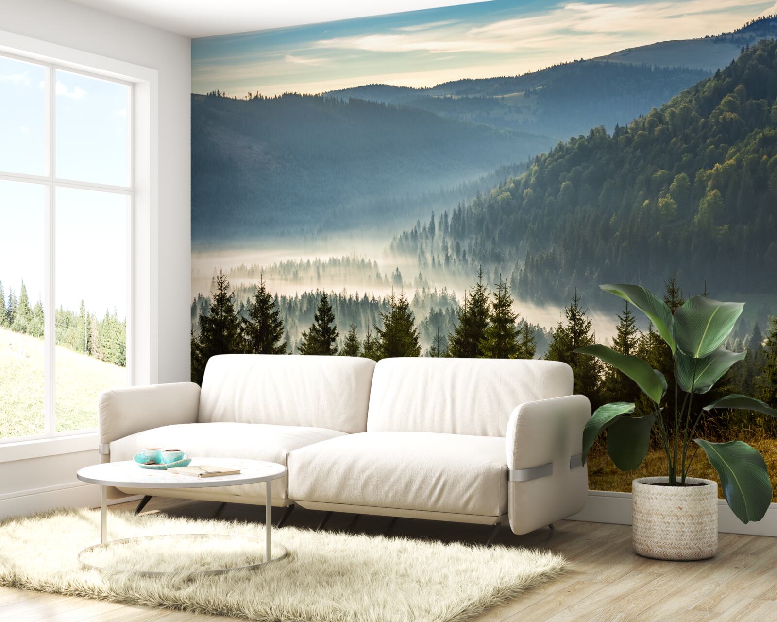 Fotobehang het dichte herfstbos is gehuld in dikkere mist