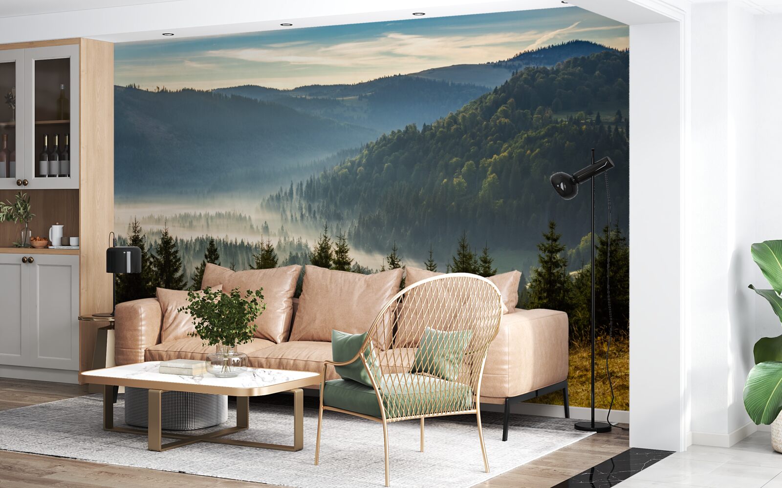 Fotobehang het dichte herfstbos is gehuld in dikkere mist