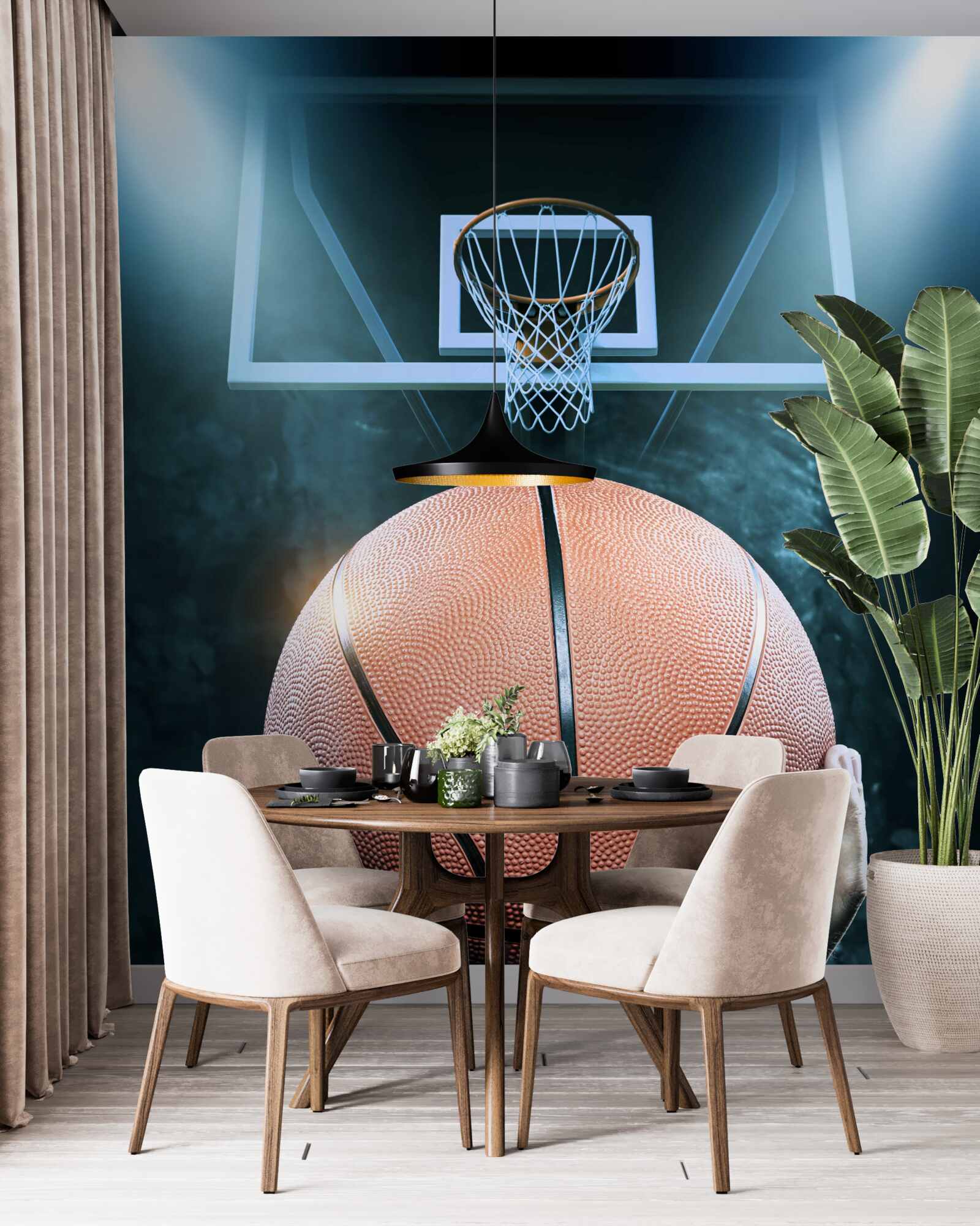 Fotobehang een basketbal wordt vastgehouden op de achtergrond van de hoepel