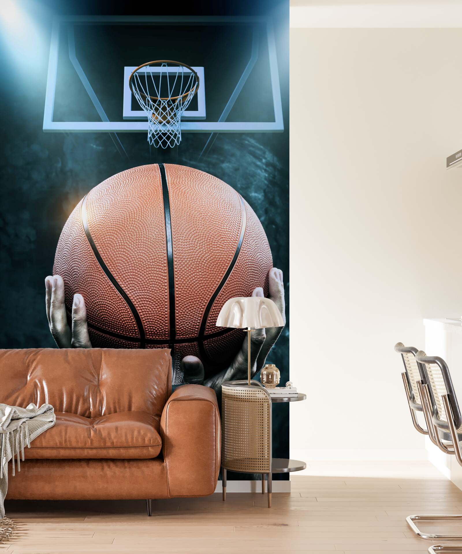 Fotobehang een basketbal wordt vastgehouden op de achtergrond van de hoepel