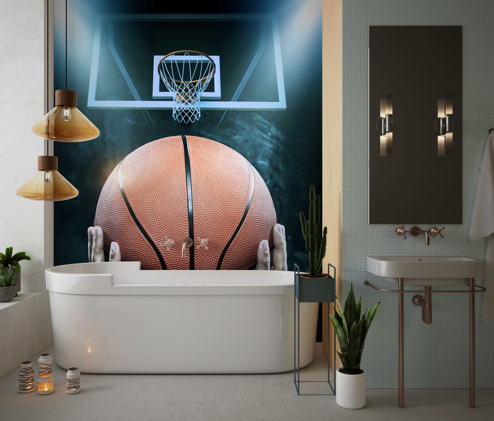 Fotobehang een basketbal wordt vastgehouden op de achtergrond van de hoepel