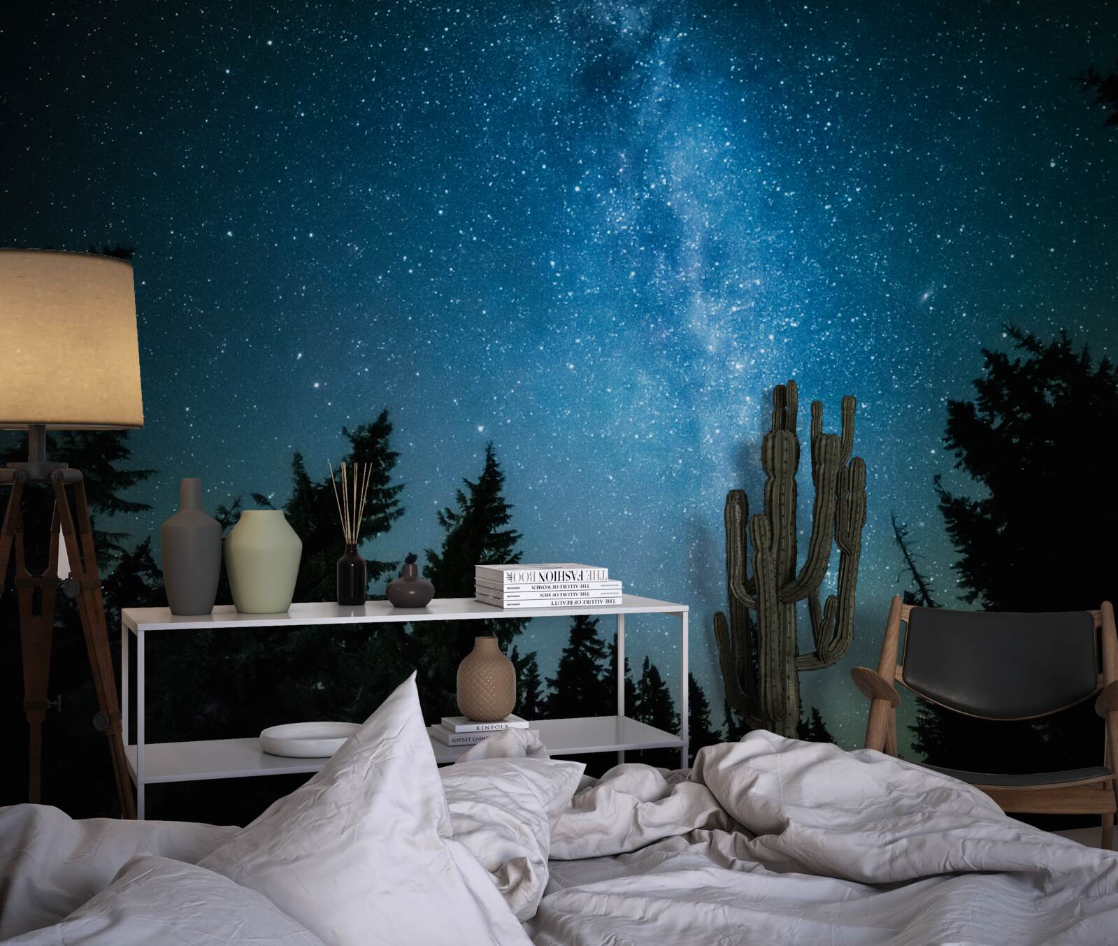 Fotobehang Een pad tussen de sterren in een donker bos