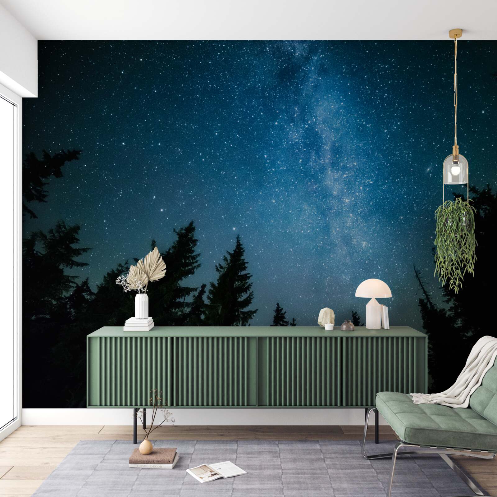 Fotobehang Een pad tussen de sterren in een donker bos