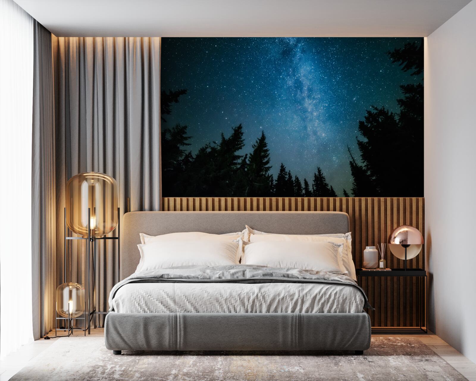 Fotobehang Een pad tussen de sterren in een donker bos