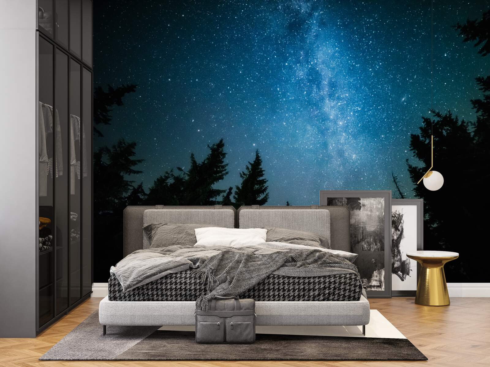 Fotobehang Een pad tussen de sterren in een donker bos
