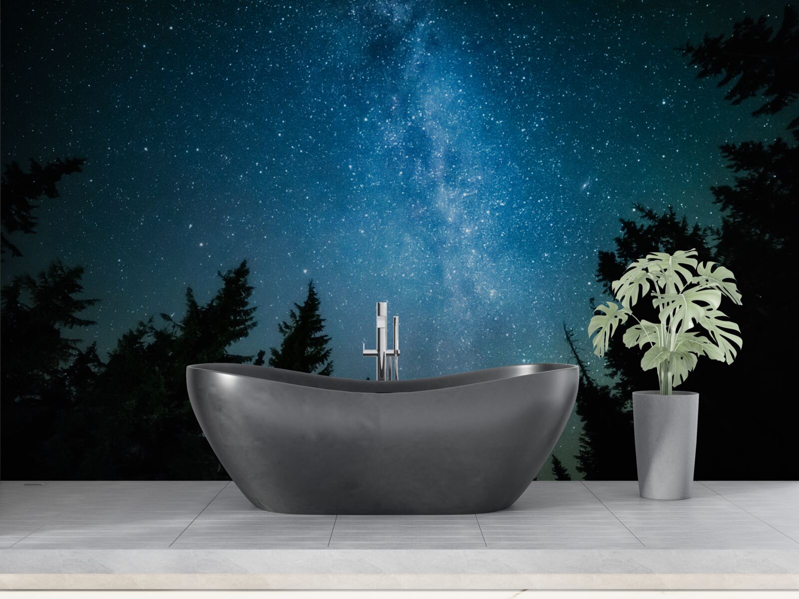 Fotobehang Een pad tussen de sterren in een donker bos