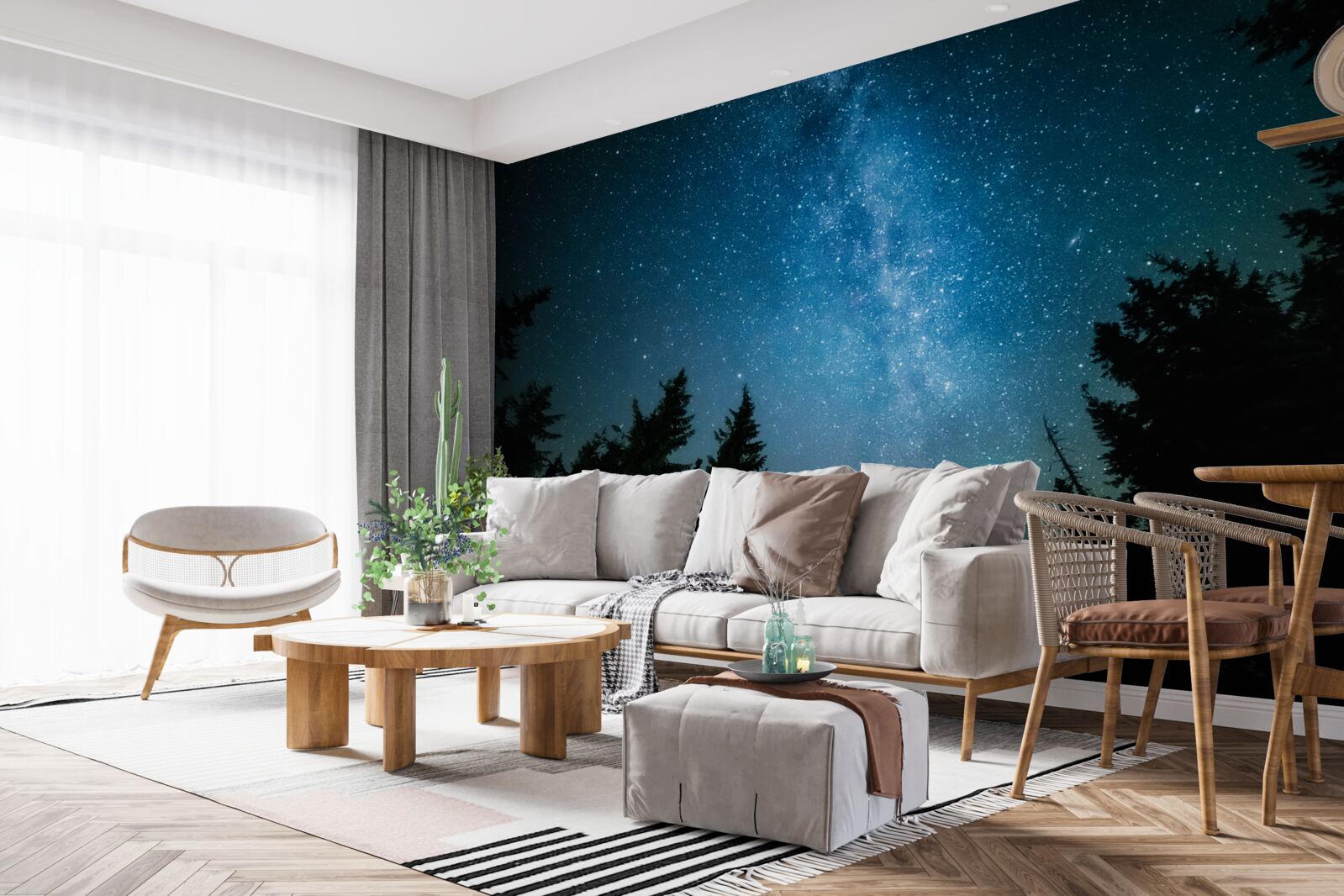 Fotobehang Een pad tussen de sterren in een donker bos