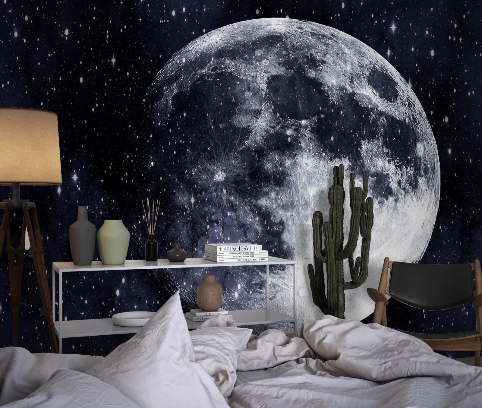 Fotobehang een grote afbeelding van de maan is zichtbaar tussen de sterren