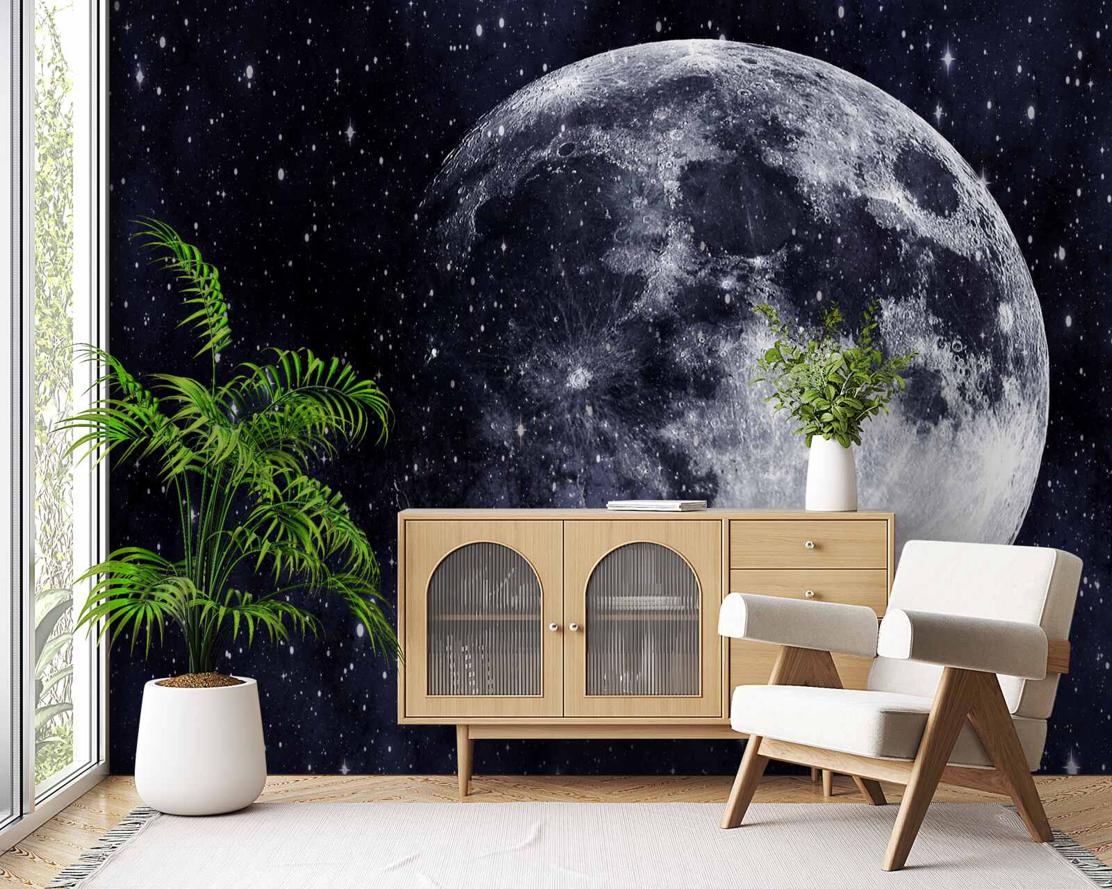 Fotobehang een grote afbeelding van de maan is zichtbaar tussen de sterren