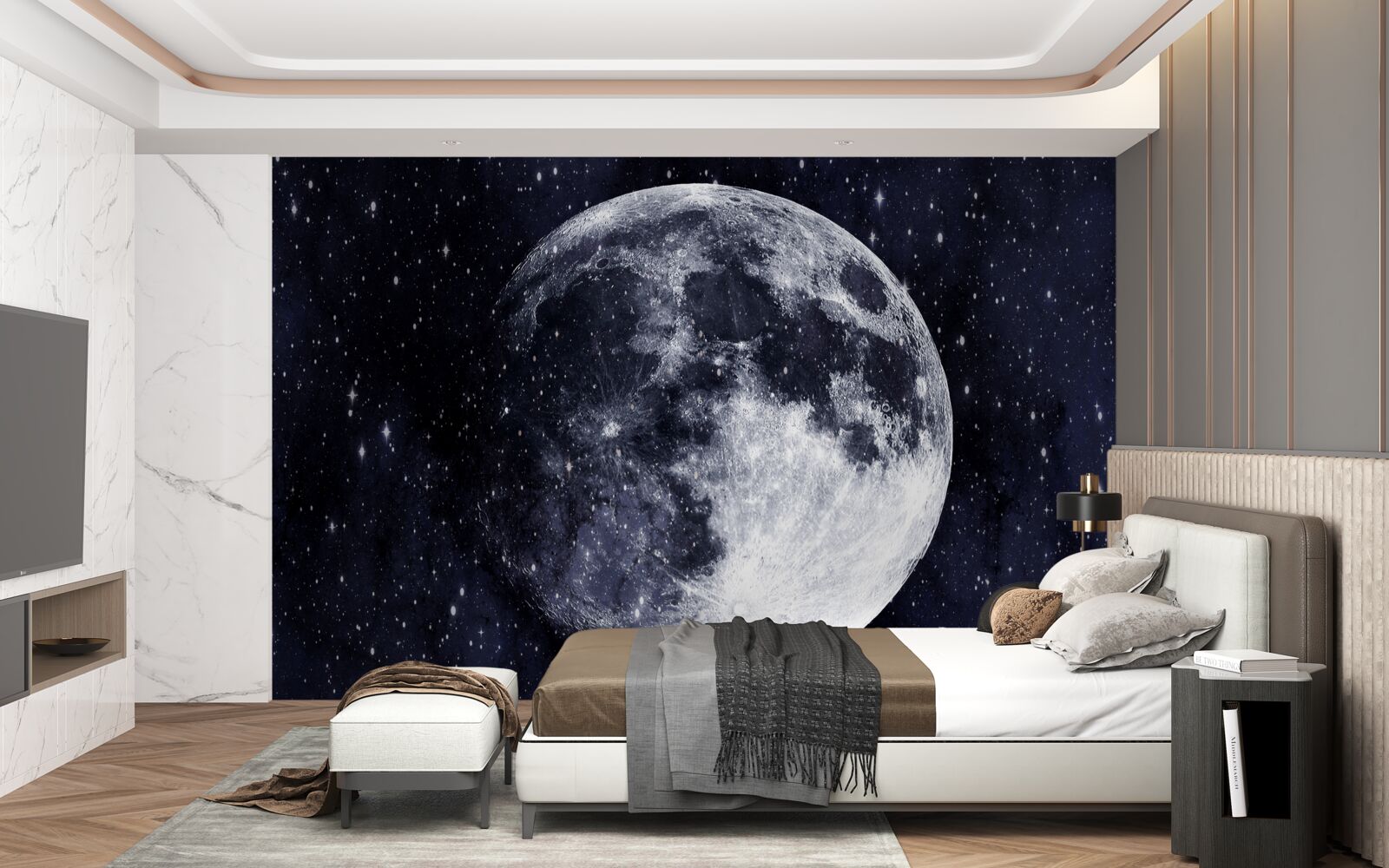 Fotobehang een grote afbeelding van de maan is zichtbaar tussen de sterren