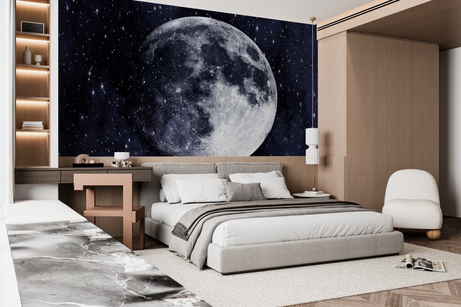 Fotobehang een grote afbeelding van de maan is zichtbaar tussen de sterren