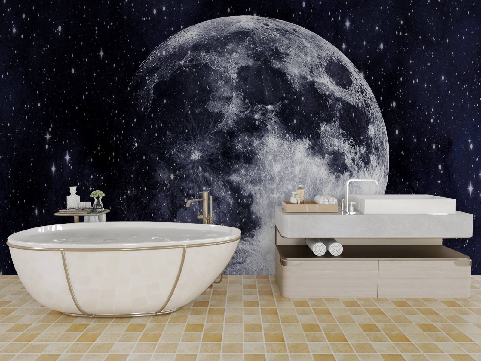 Fotobehang een grote afbeelding van de maan is zichtbaar tussen de sterren