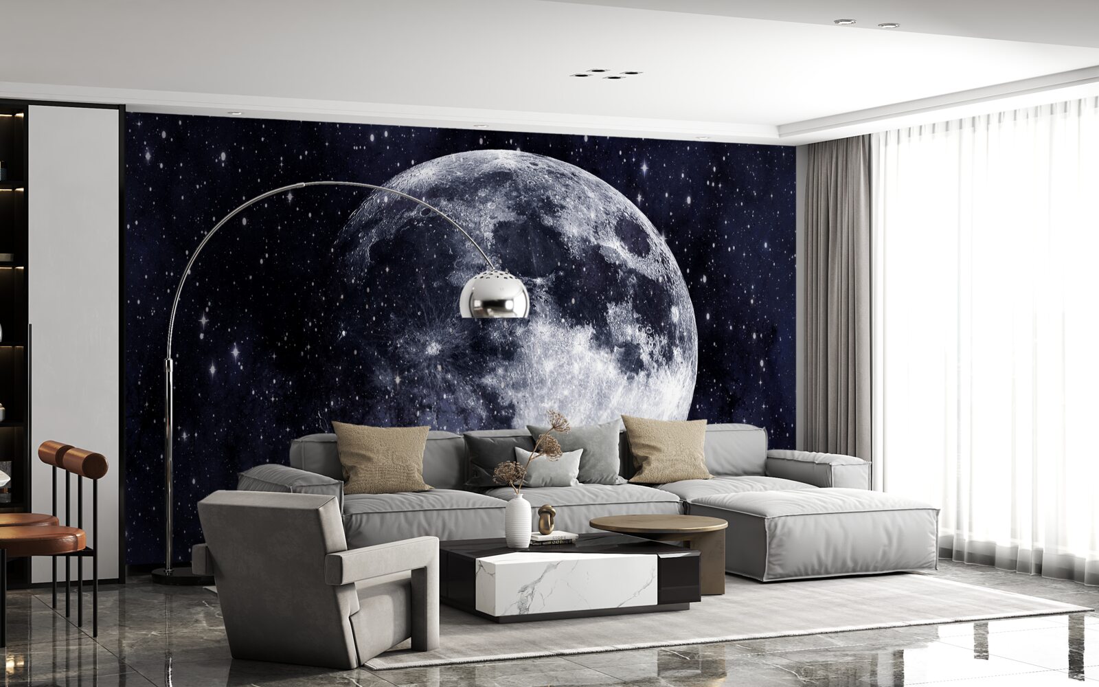 Fotobehang een grote afbeelding van de maan is zichtbaar tussen de sterren