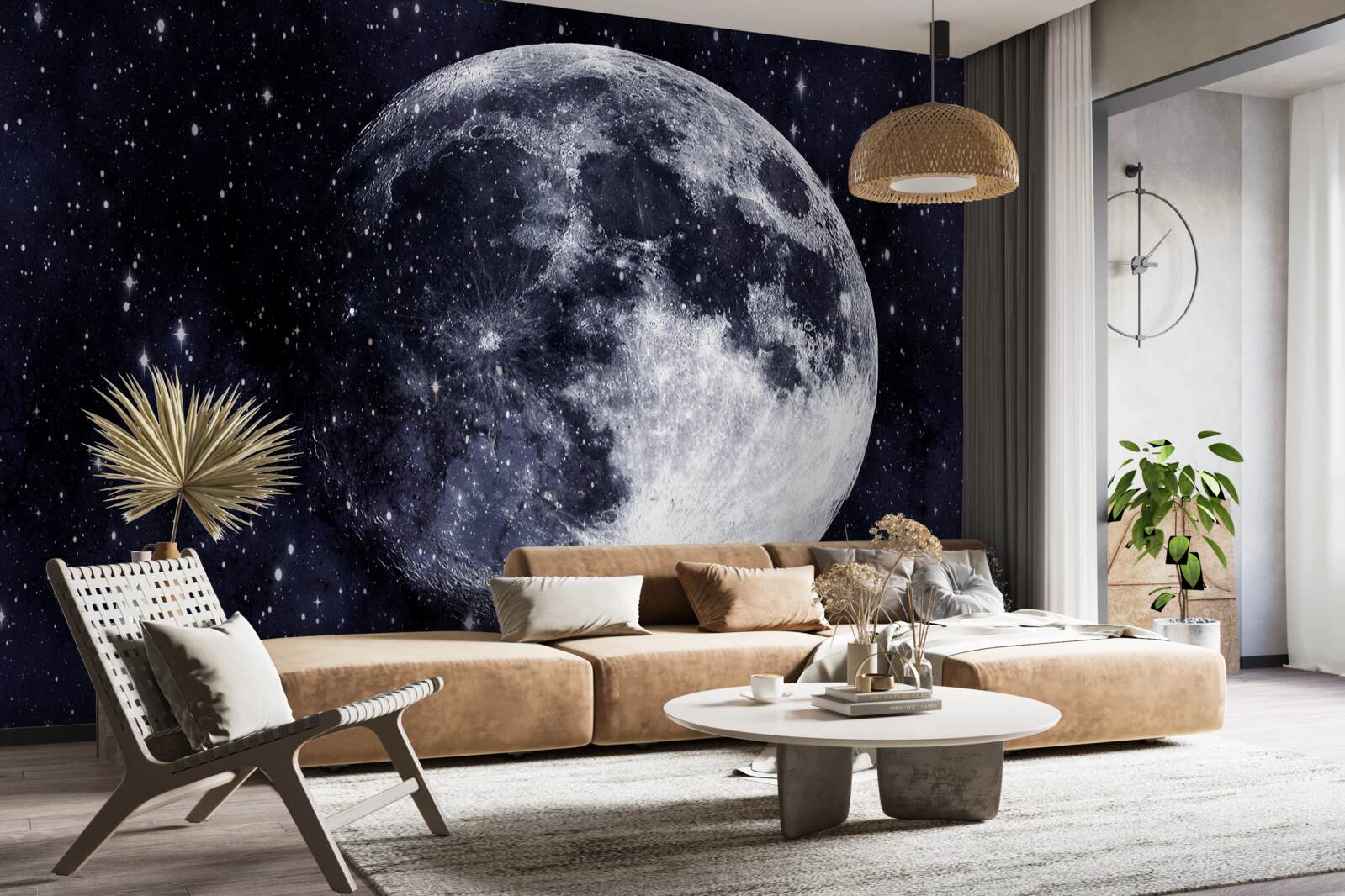 Fotobehang een grote afbeelding van de maan is zichtbaar tussen de sterren