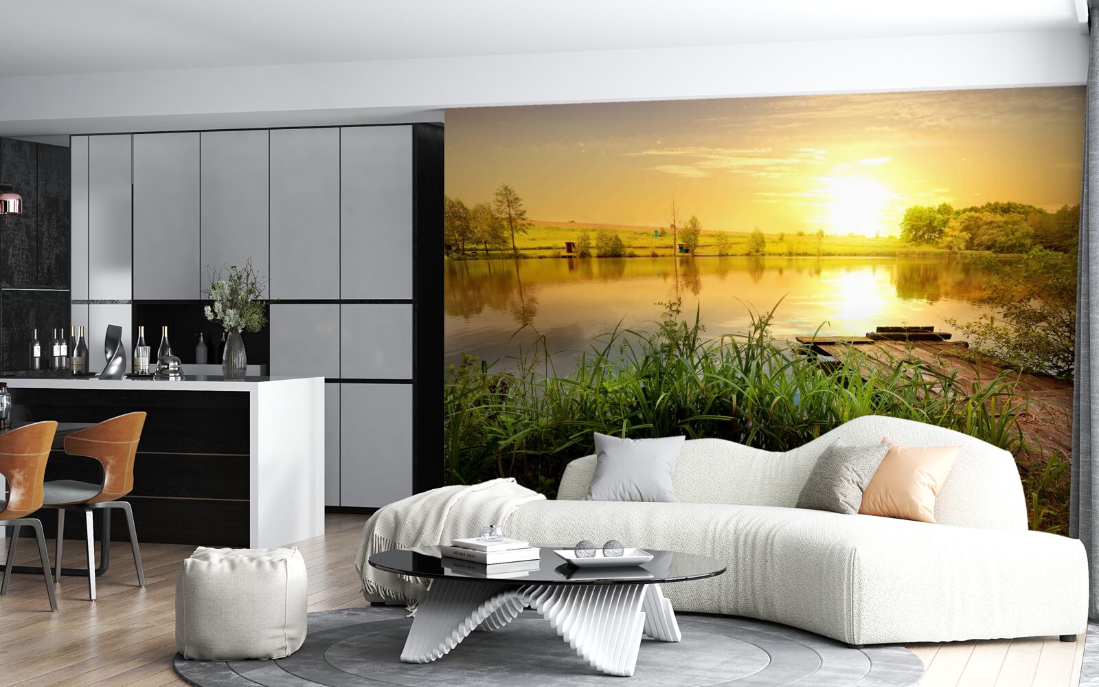 Fotobehang heldere zonsopgang boven een rustig meer