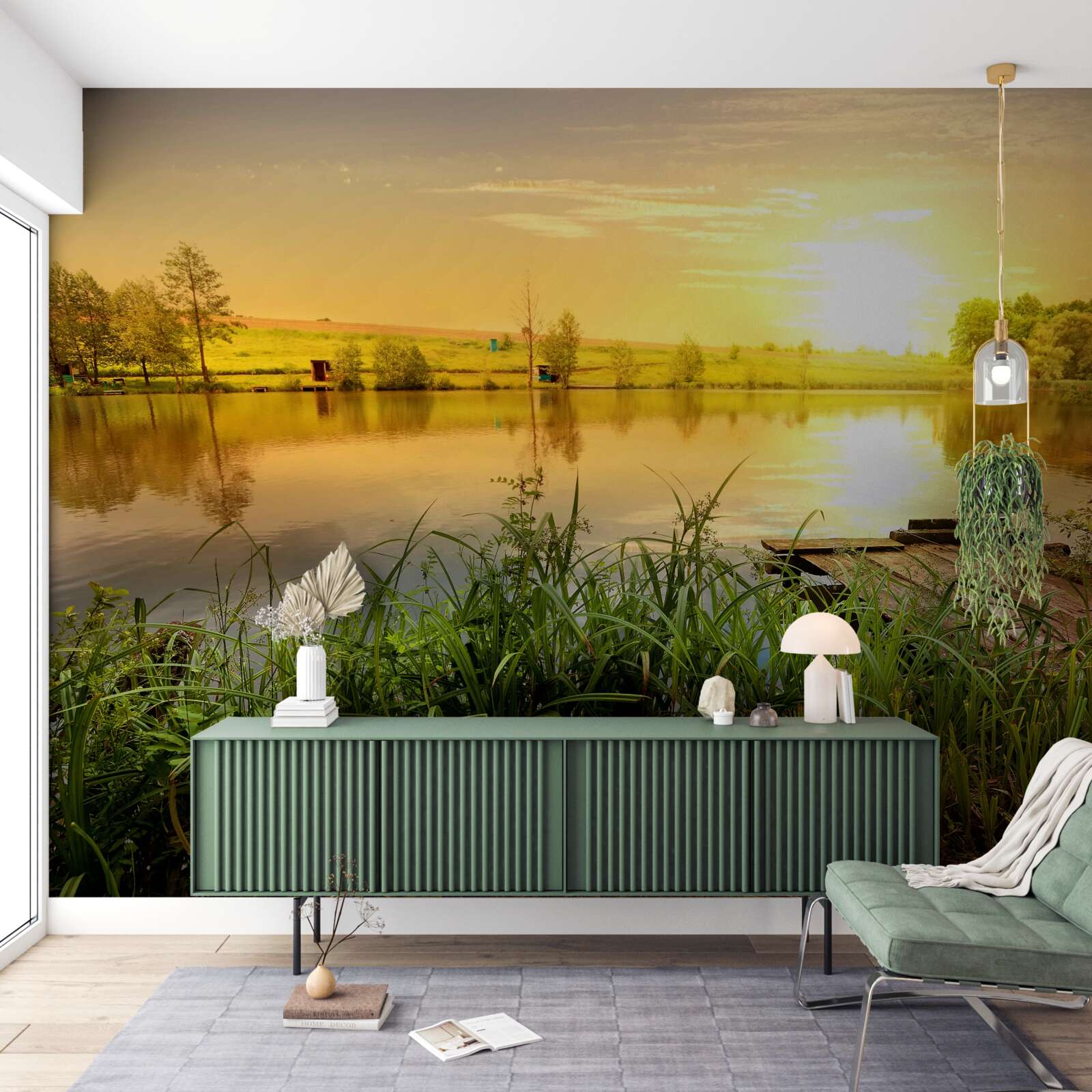 Fotobehang heldere zonsopgang boven een rustig meer