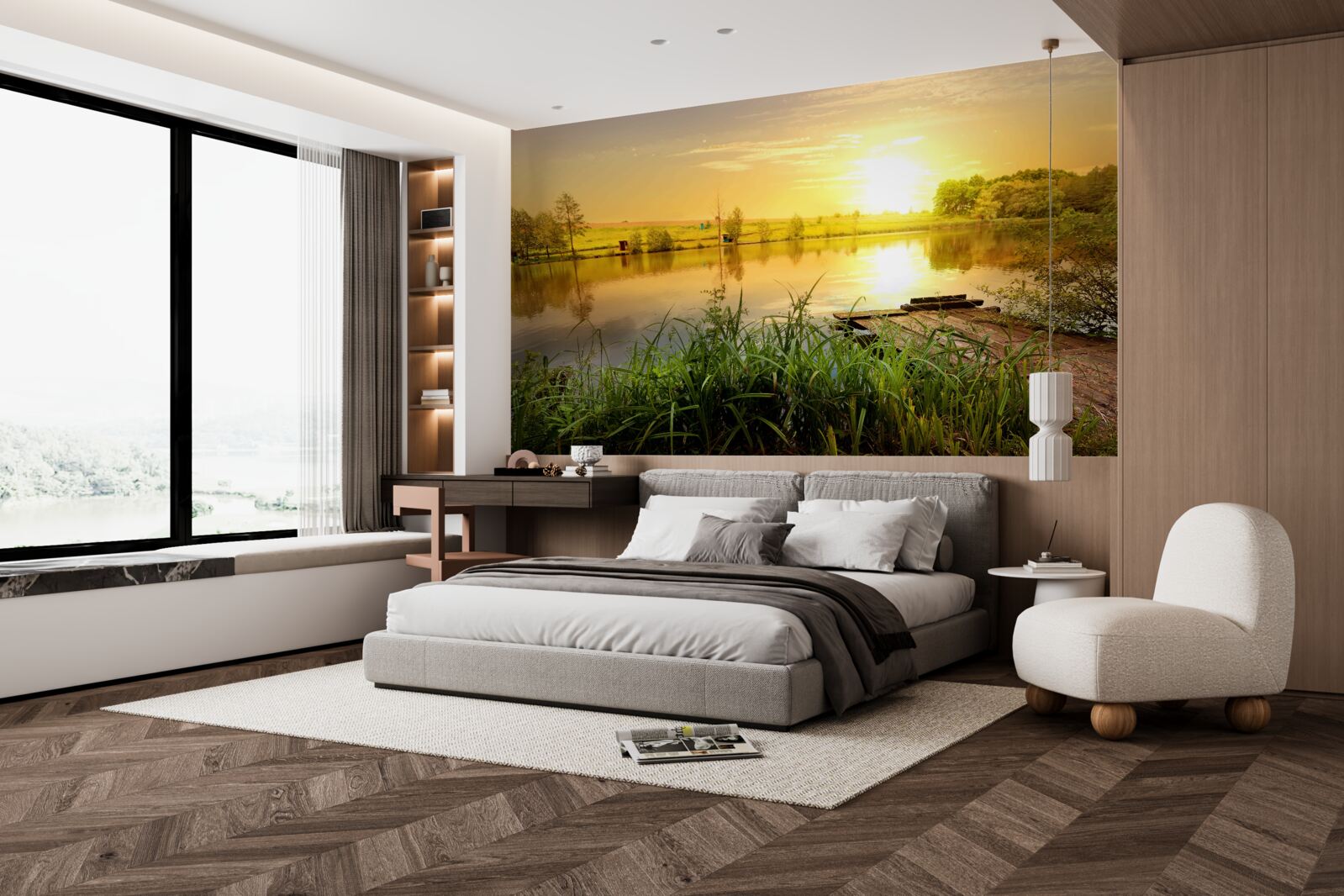 Fotobehang heldere zonsopgang boven een rustig meer