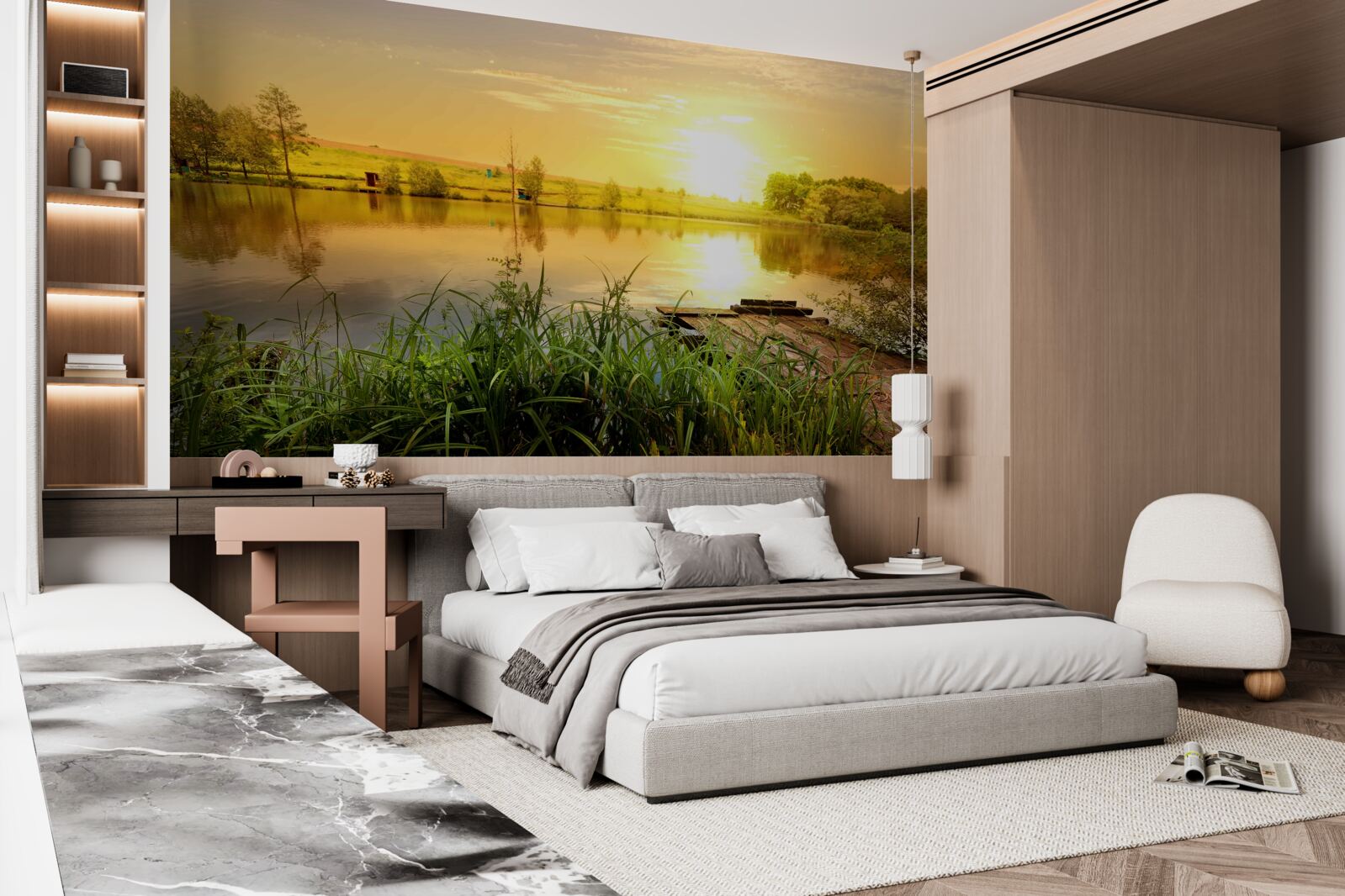 Fotobehang heldere zonsopgang boven een rustig meer