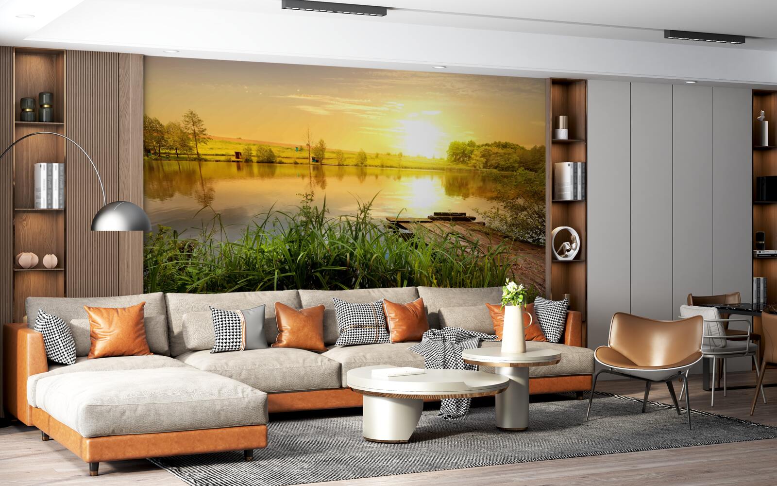 Fotobehang heldere zonsopgang boven een rustig meer