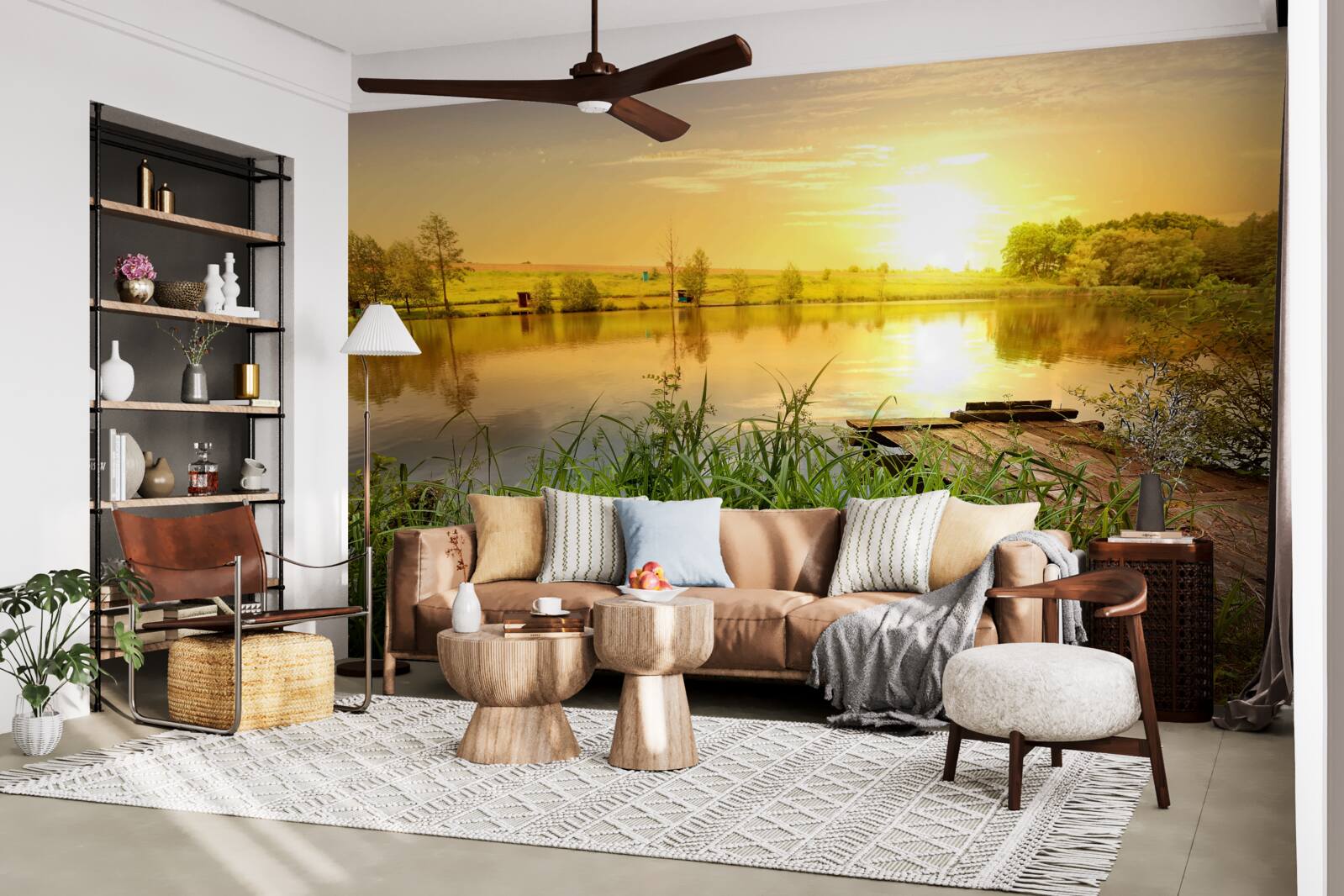 Fotobehang heldere zonsopgang boven een rustig meer