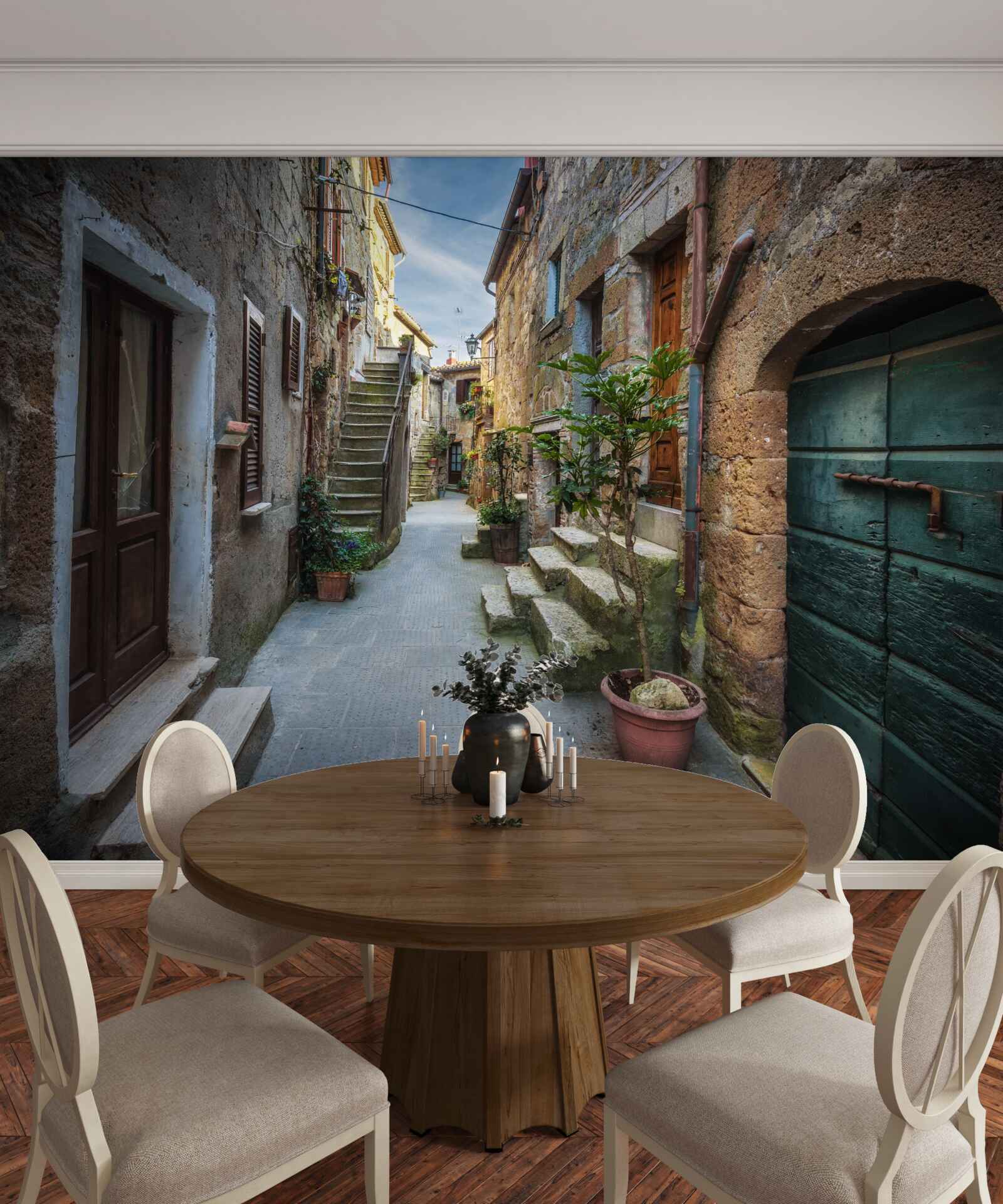 Fotobehang historische straat van steen tijdens de schemering